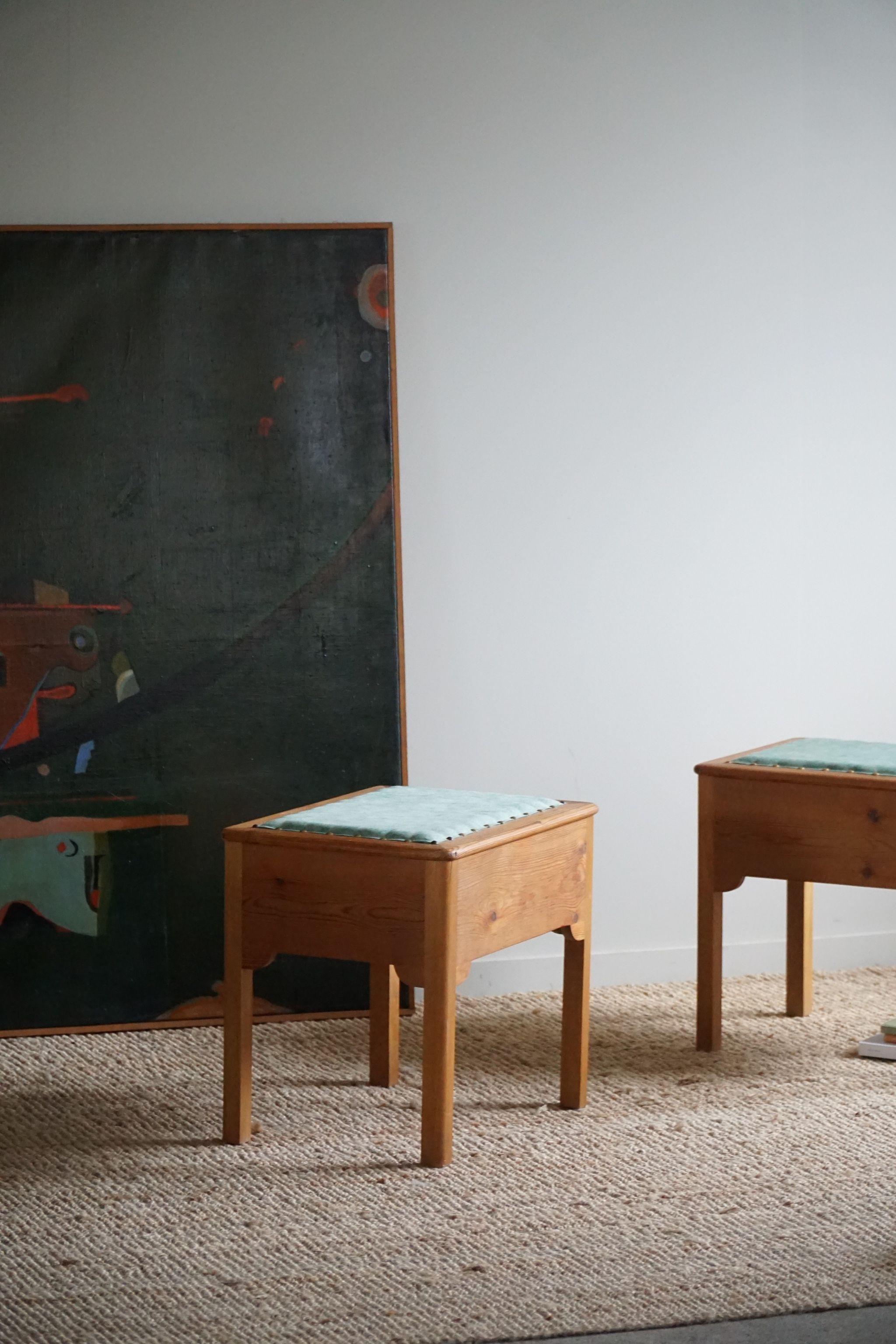 A Pair of Stools in Pine & Fabric with Storage, By a Swedish Cabinetmaker, 1950s For Sale 12