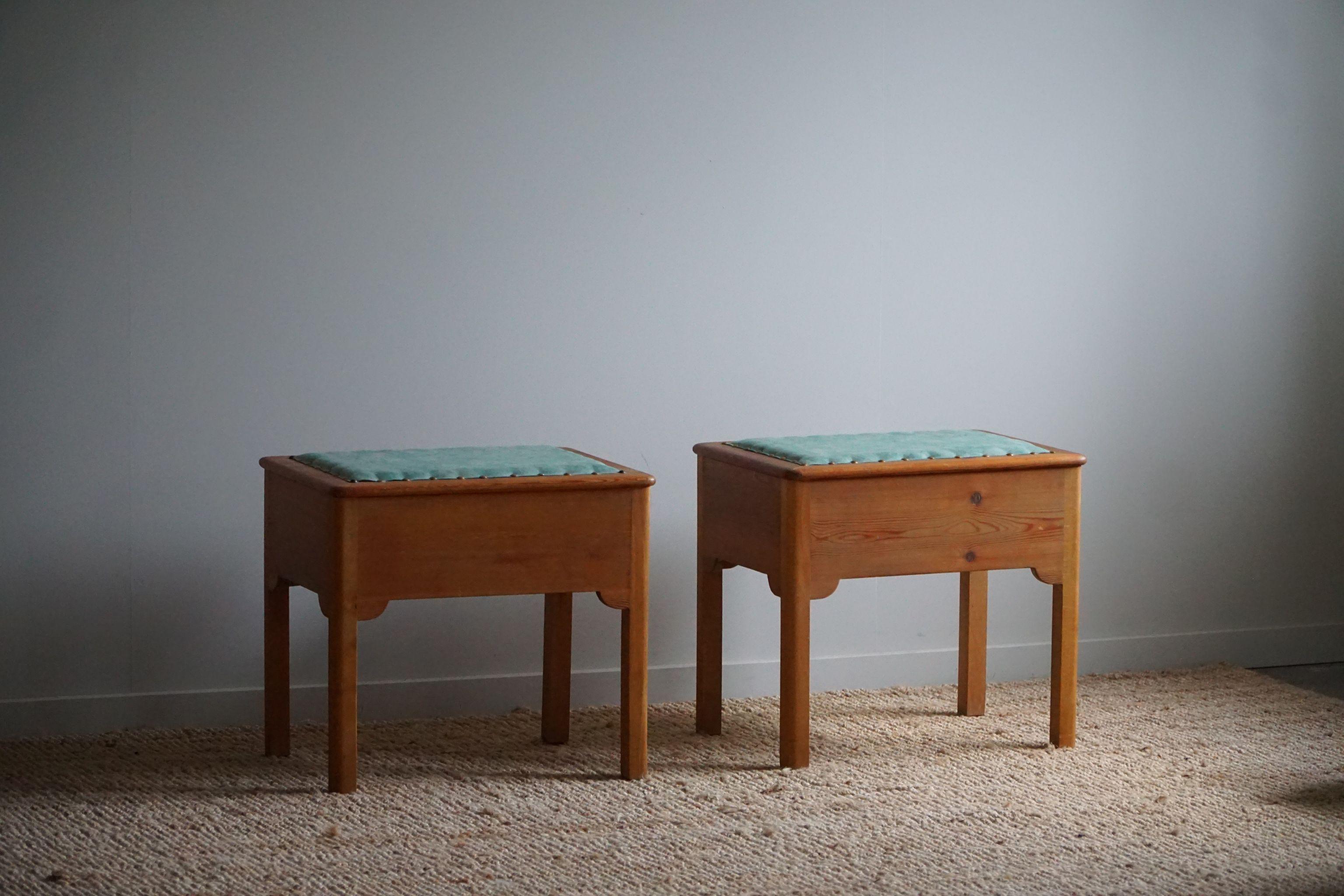 20th Century A Pair of Stools in Pine & Fabric with Storage, By a Swedish Cabinetmaker, 1950s For Sale