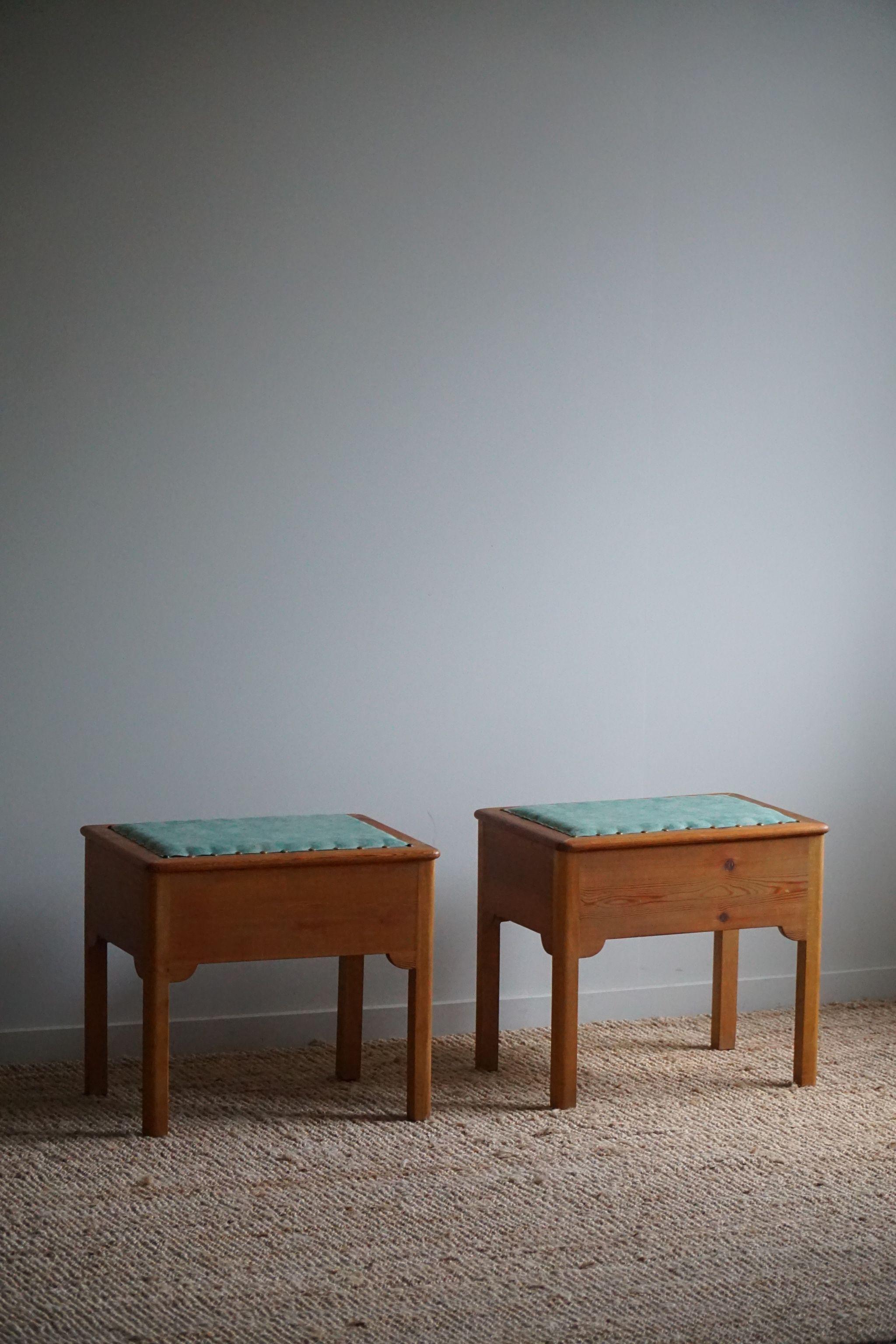 A Pair of Stools in Pine & Fabric with Storage, By a Swedish Cabinetmaker, 1950s For Sale 1