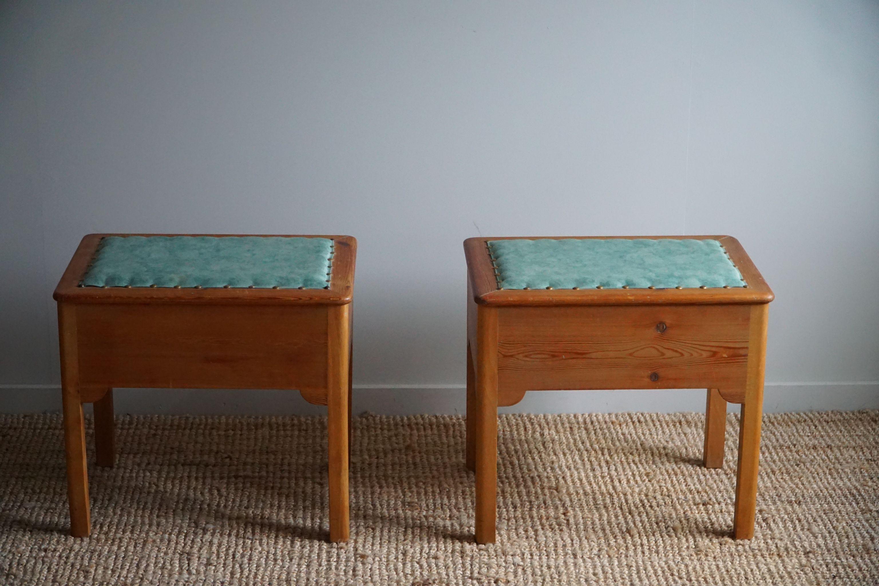 A Pair of Stools in Pine & Fabric with Storage, By a Swedish Cabinetmaker, 1950s For Sale 2