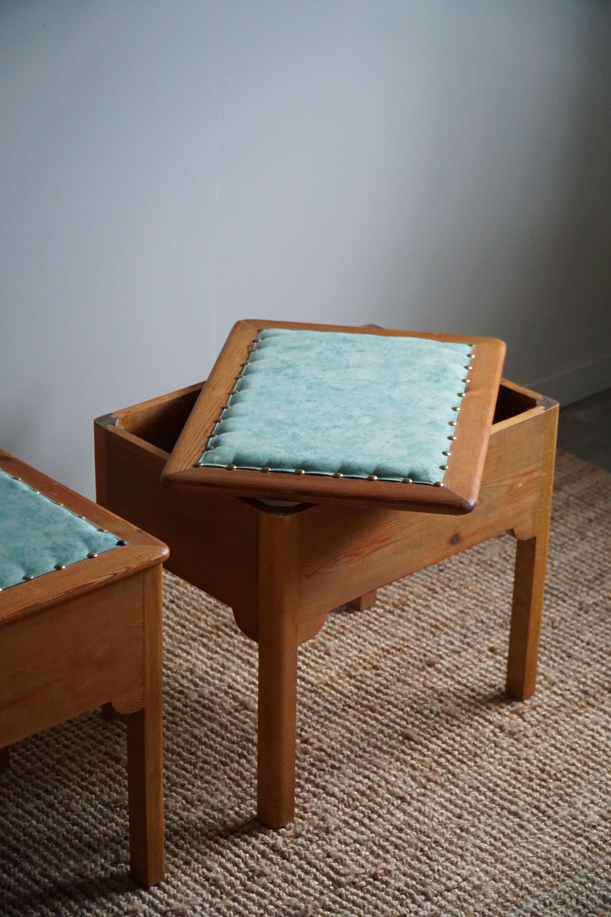 A Pair of Stools in Pine & Fabric with Storage, By a Swedish Cabinetmaker, 1950s For Sale 3