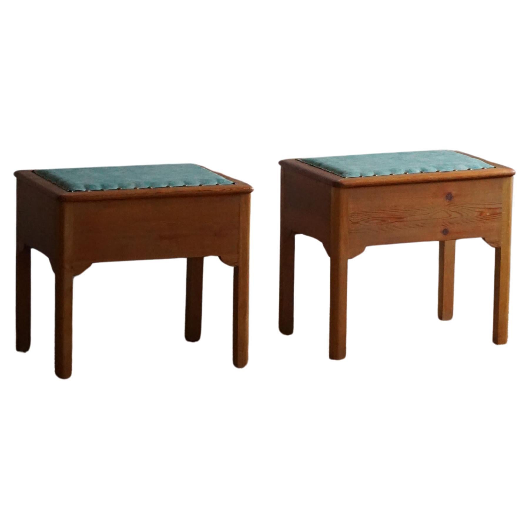 A Pair of Stools in Pine & Fabric with Storage, By a Swedish Cabinetmaker, 1950s For Sale