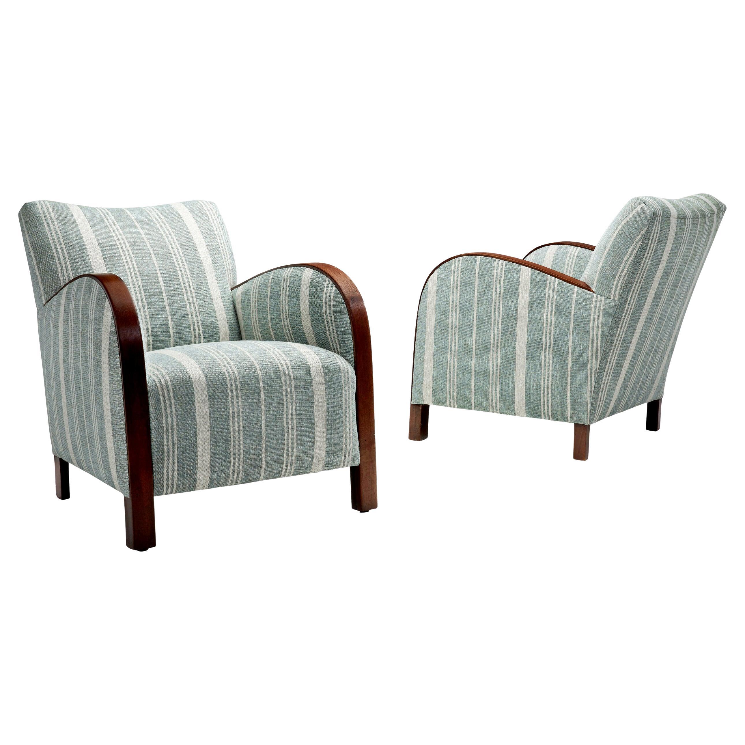 A Pair of Striped Art Deco Armchairs with Stained Oak Frame, Europe ca 1930s