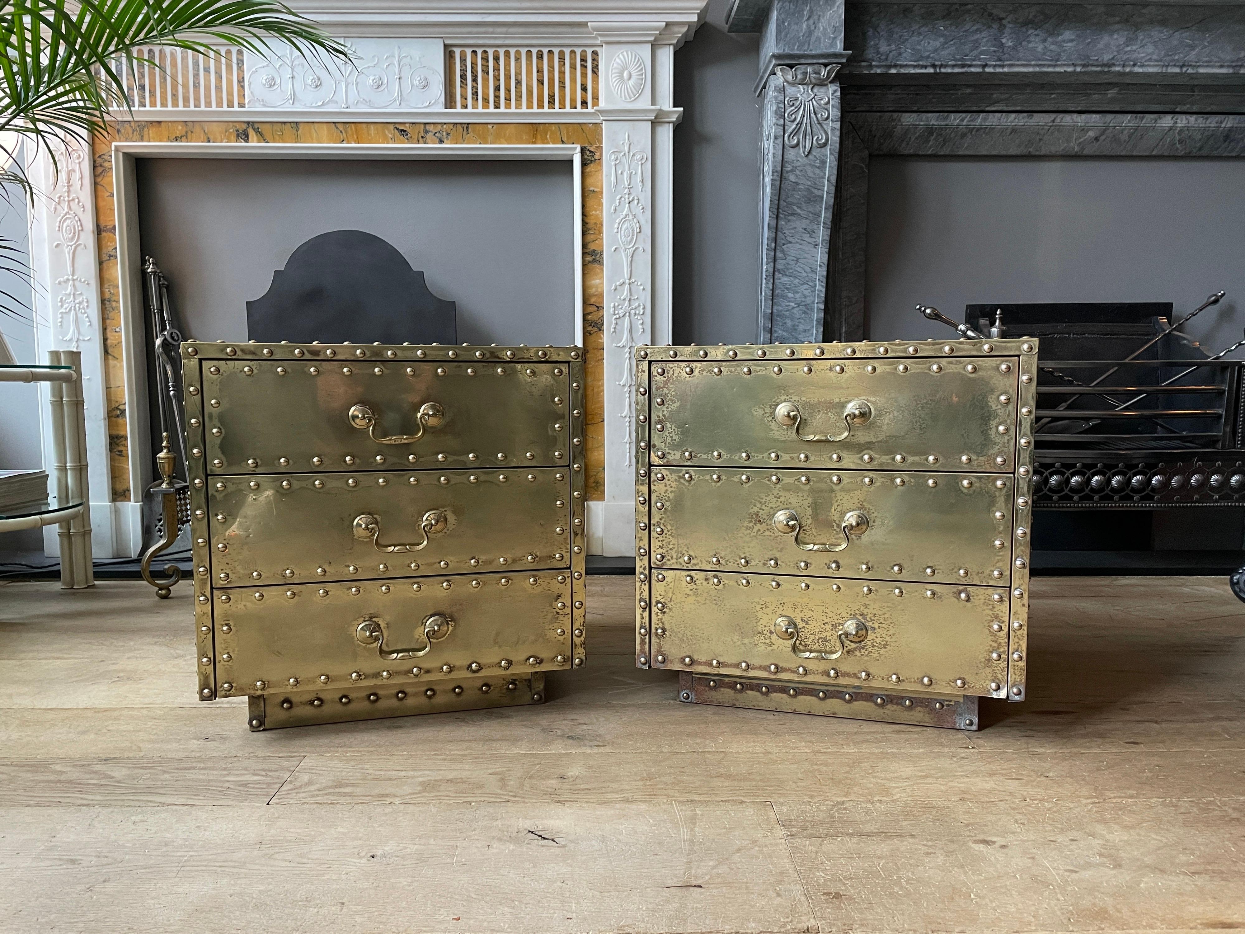 Modern Pair of Studded Brass Chest of Drawers by Sarreid Ltd