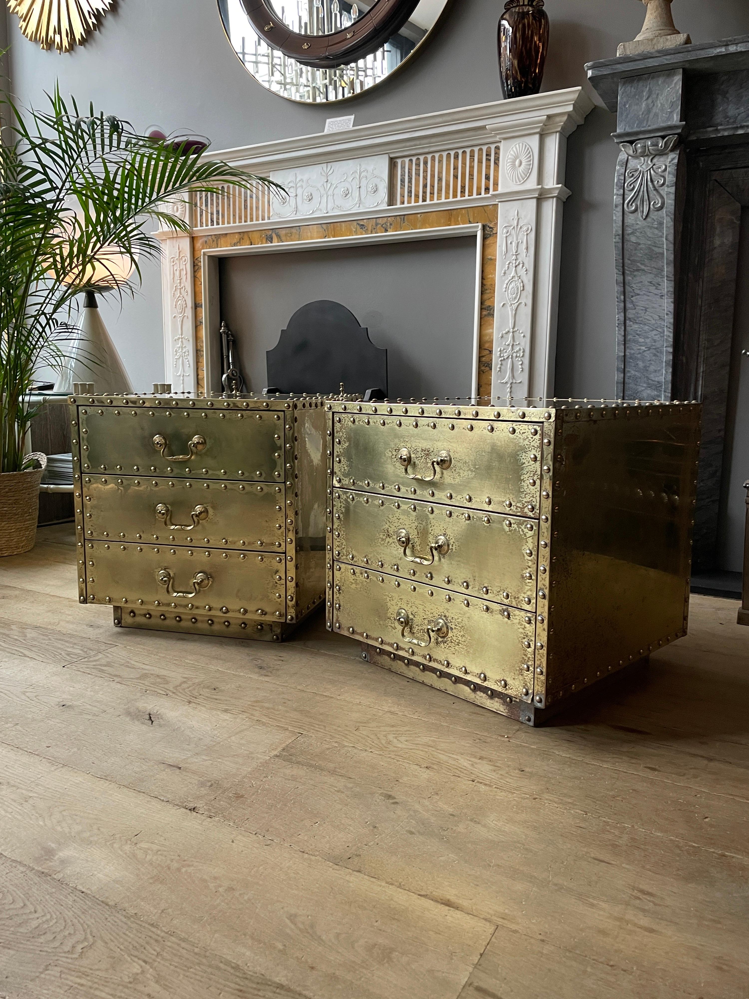 Spanish Pair of Studded Brass Chest of Drawers by Sarreid Ltd