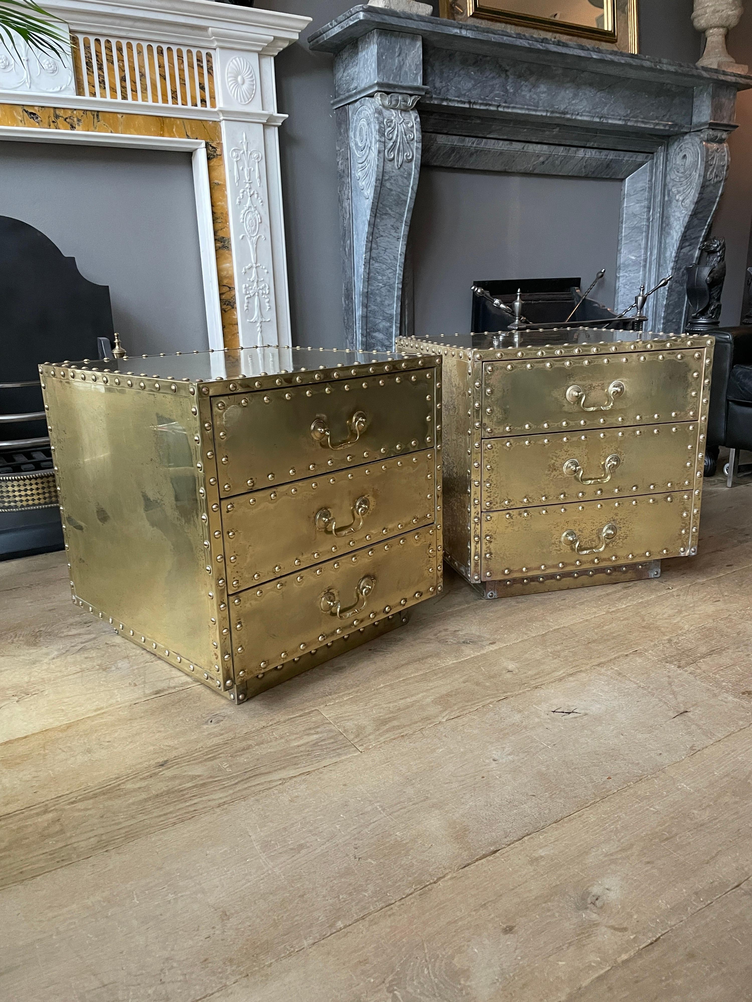 Pair of Studded Brass Chest of Drawers by Sarreid Ltd In Good Condition In London, GB