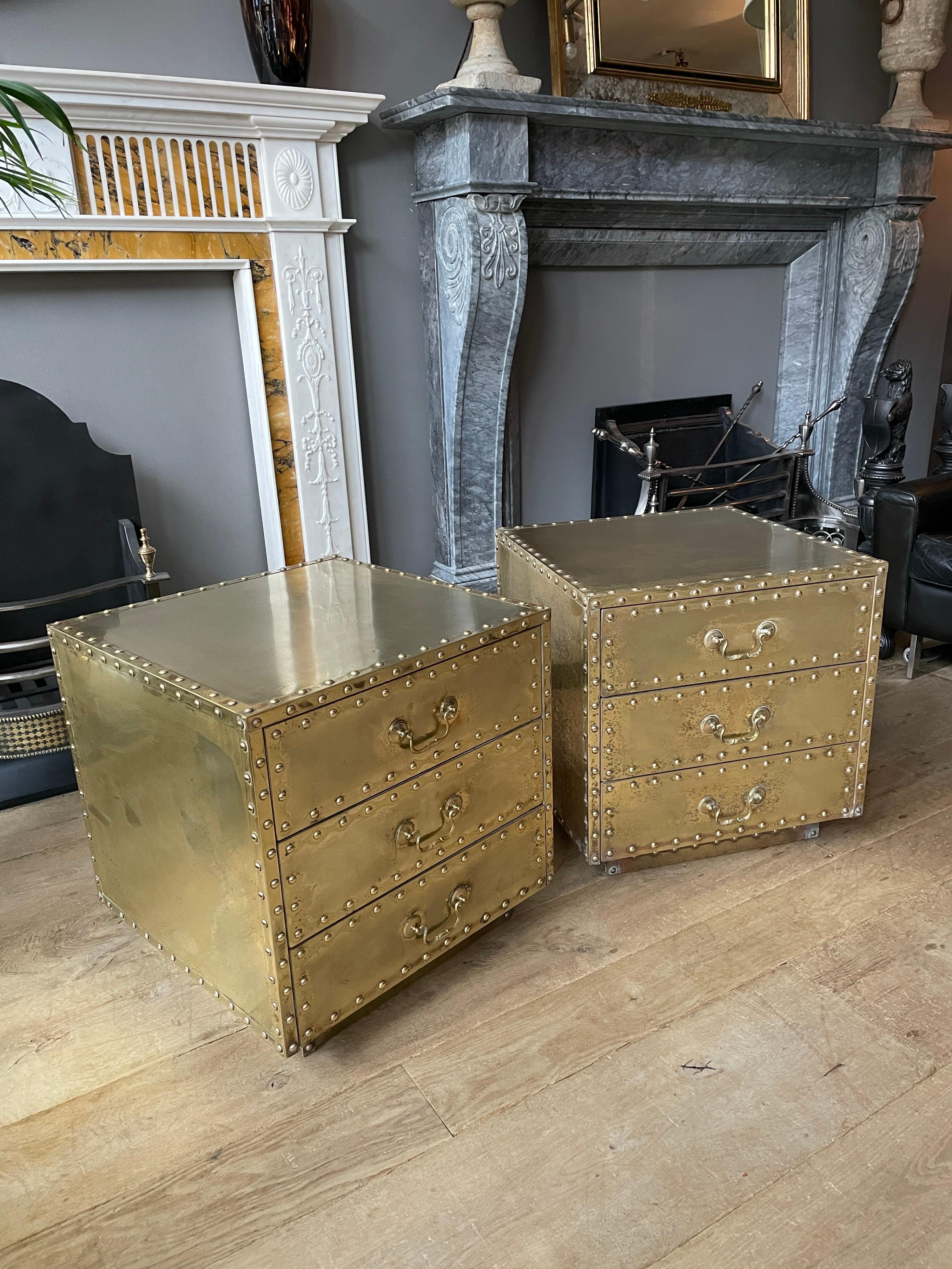 20th Century Pair of Studded Brass Chest of Drawers by Sarreid Ltd