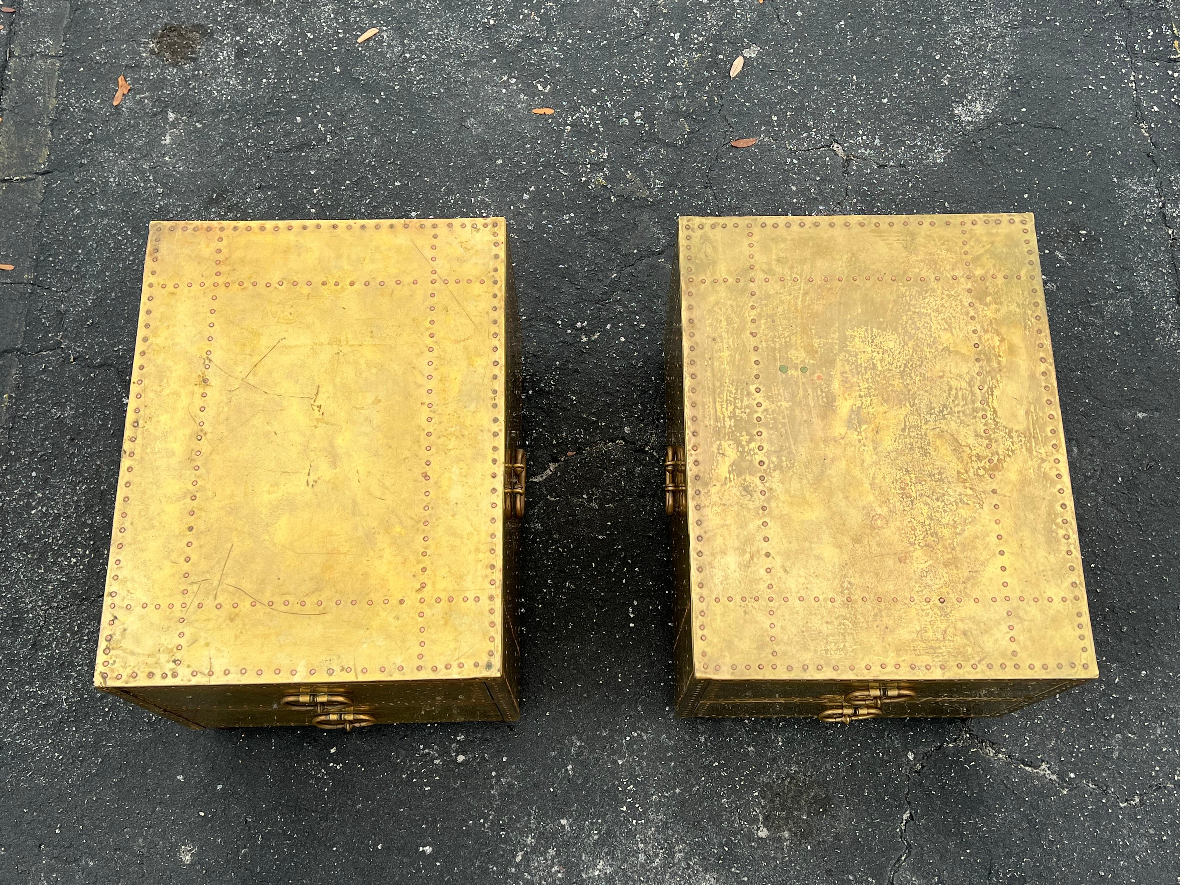 A Pair of Studded Brass Sarreid Dressers Campaign Style For Sale 4