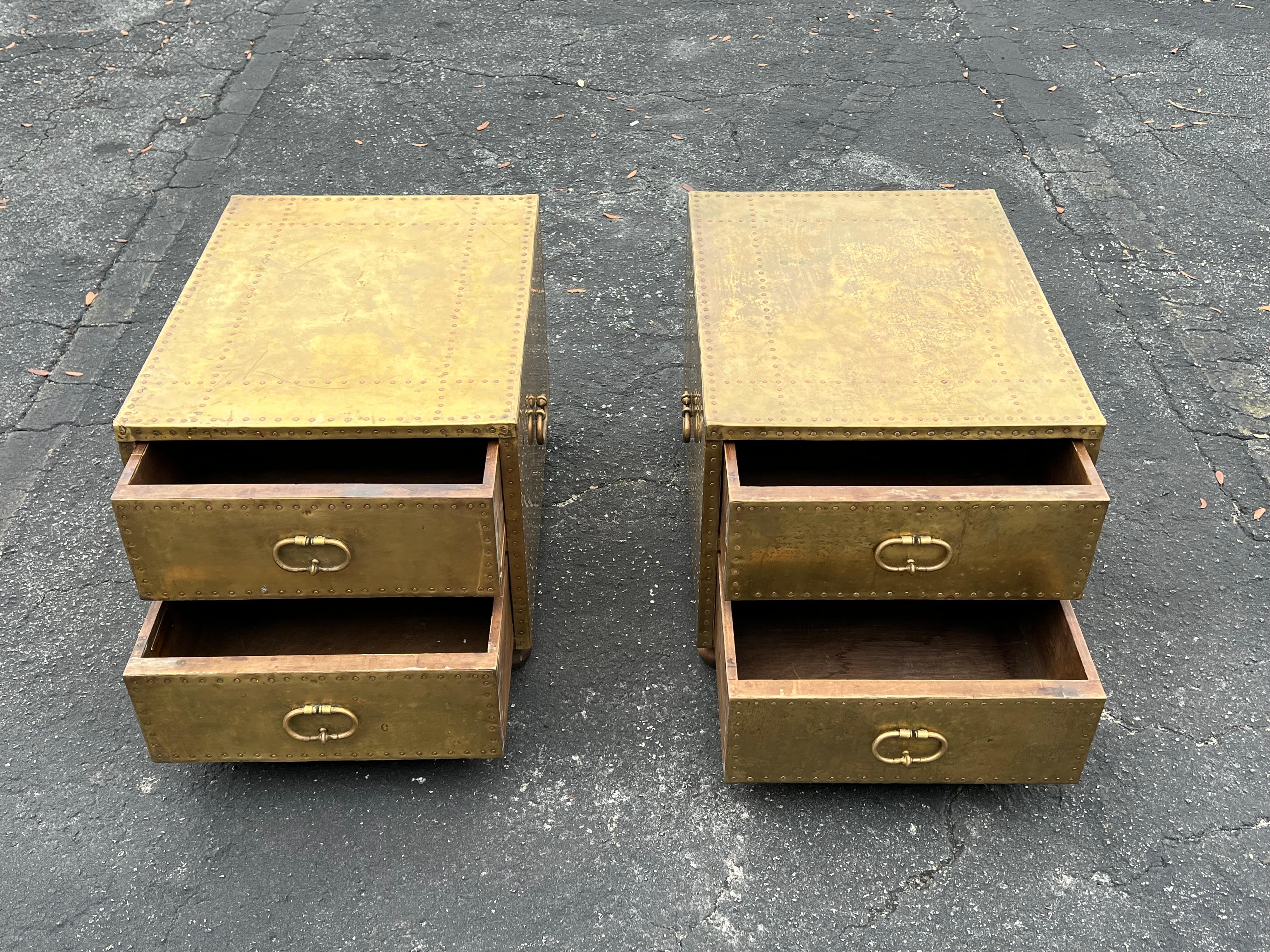 A Pair of Studded Brass Sarreid Dressers Campaign Style For Sale 5
