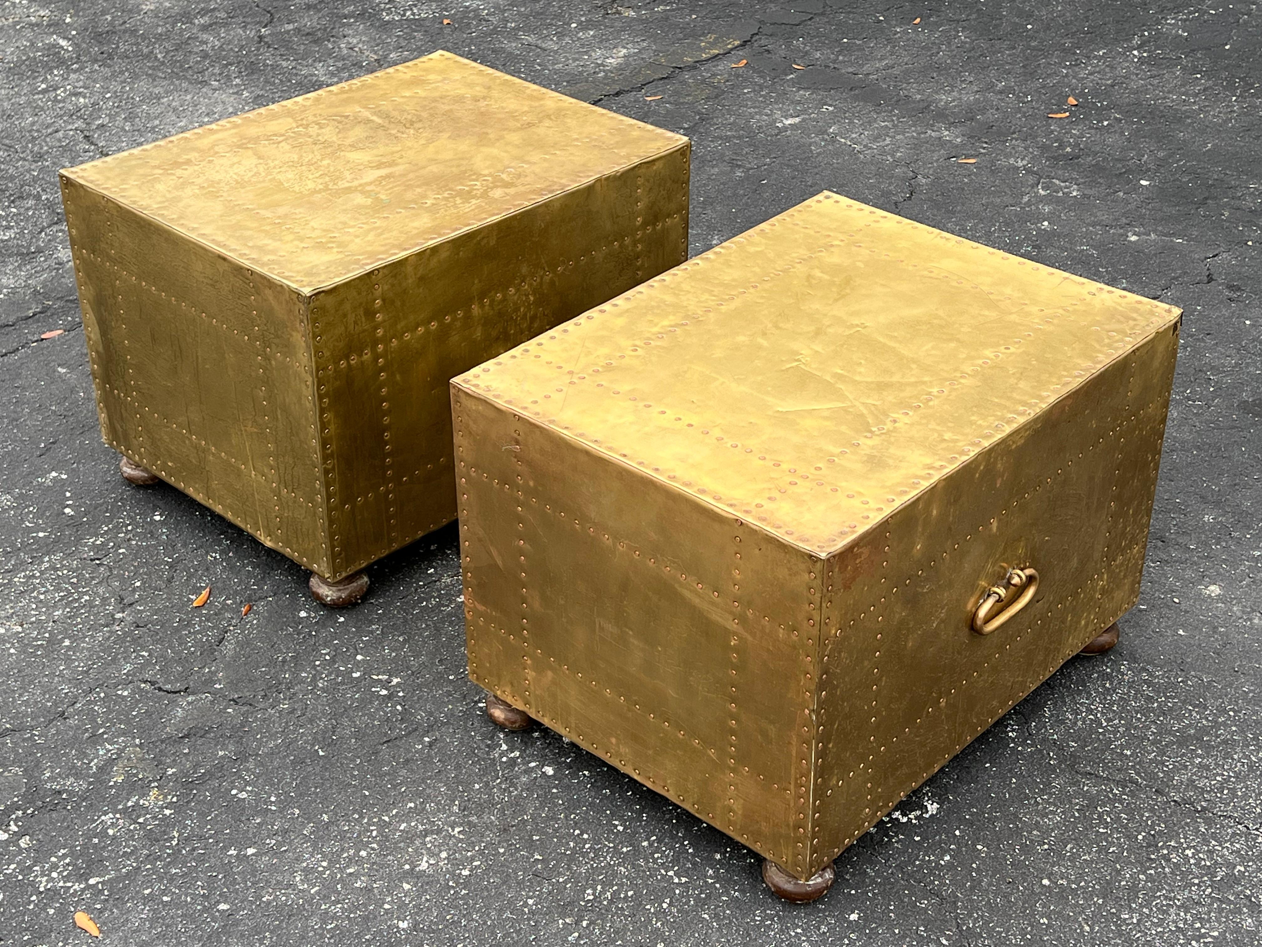 Spanish A Pair of Studded Brass Sarreid Dressers Campaign Style For Sale