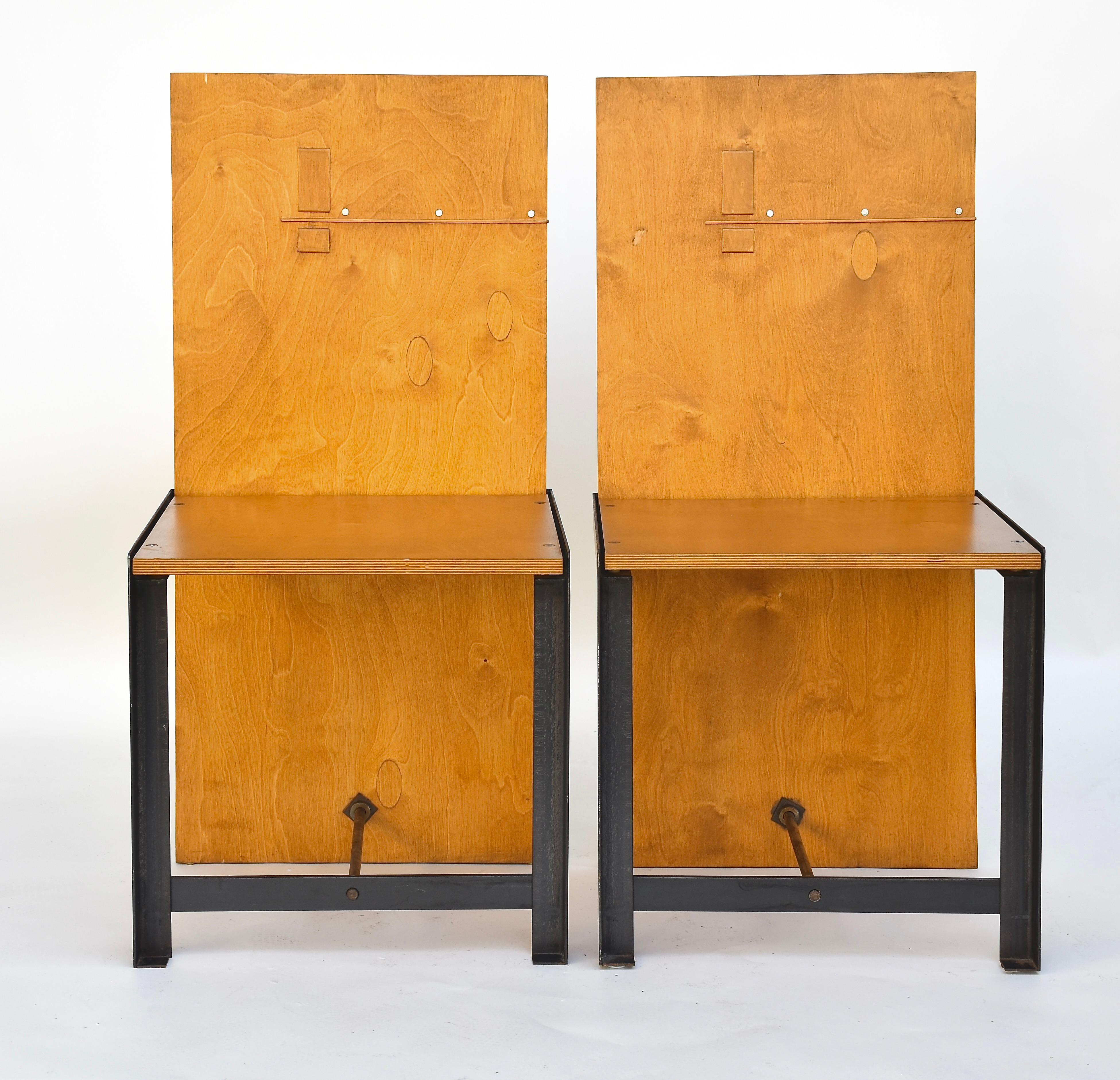 Brutalist A Pair of Studio Prototype Plywood & Iron Chairs Sculptural  For Sale