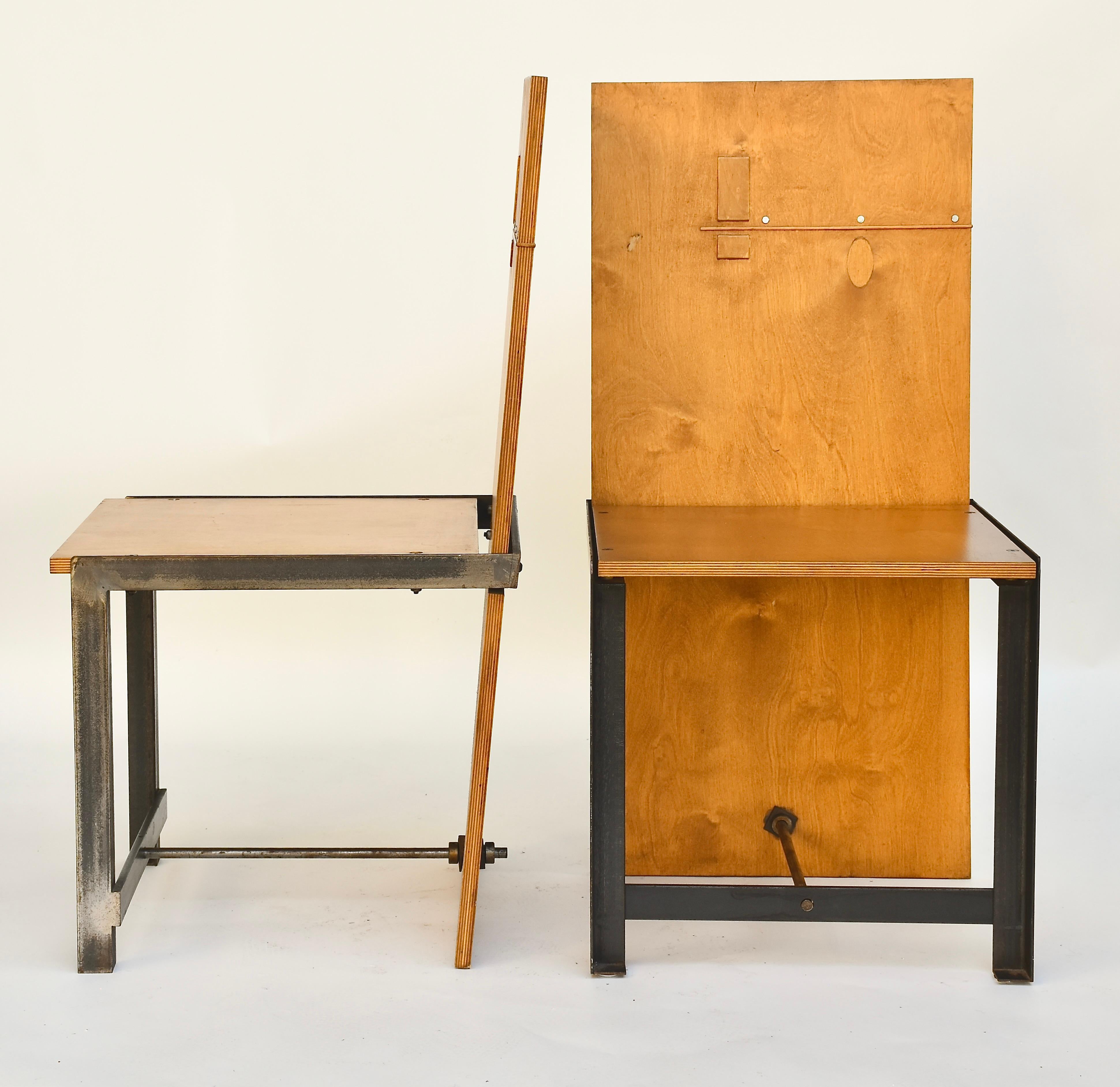 20th Century A Pair of Studio Prototype Plywood & Iron Chairs Sculptural  For Sale