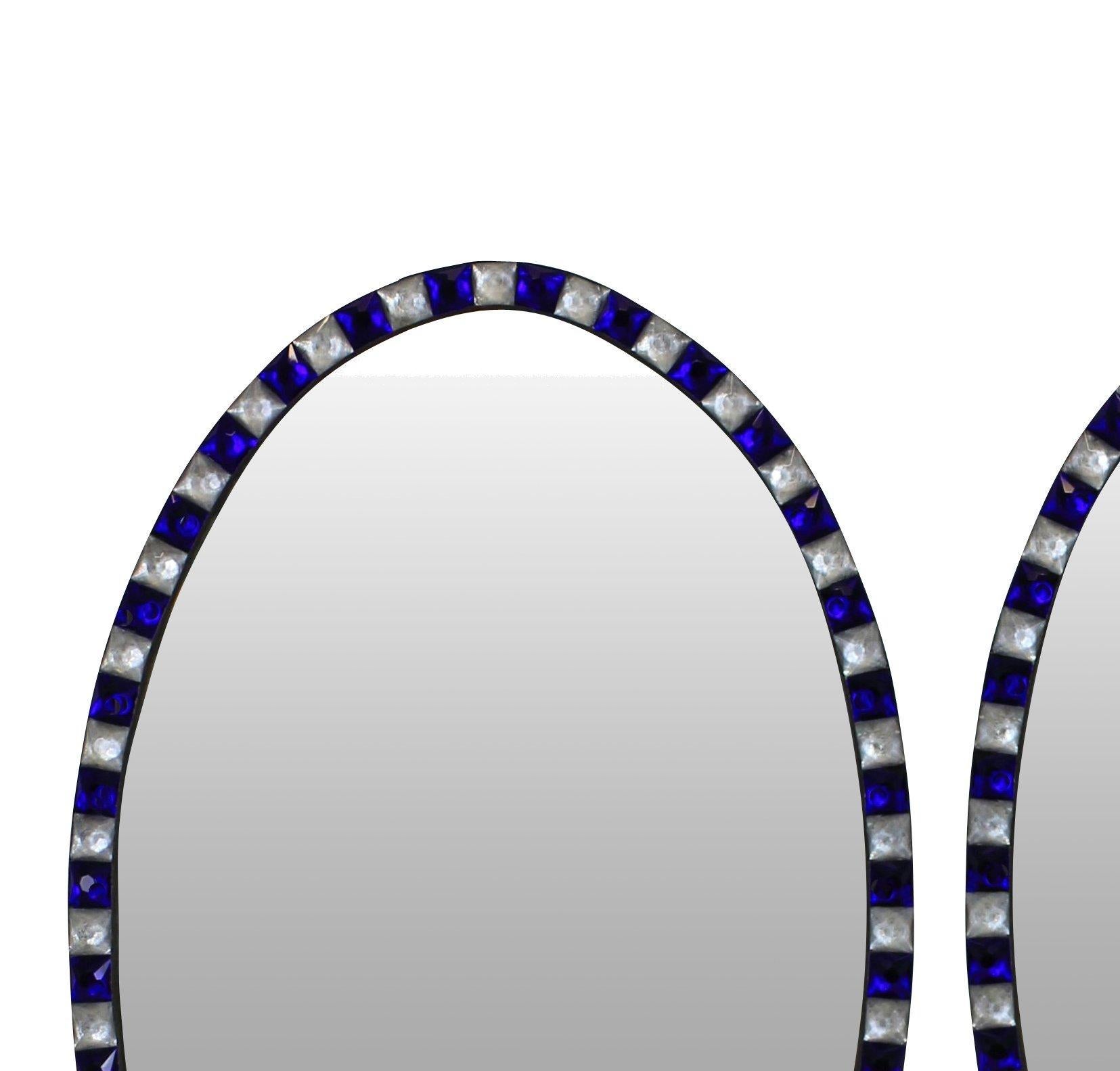 Pair of Stunning Irish Mirrors with Faceted Rock Crystal and Blu Glass Borders In Excellent Condition In London, GB