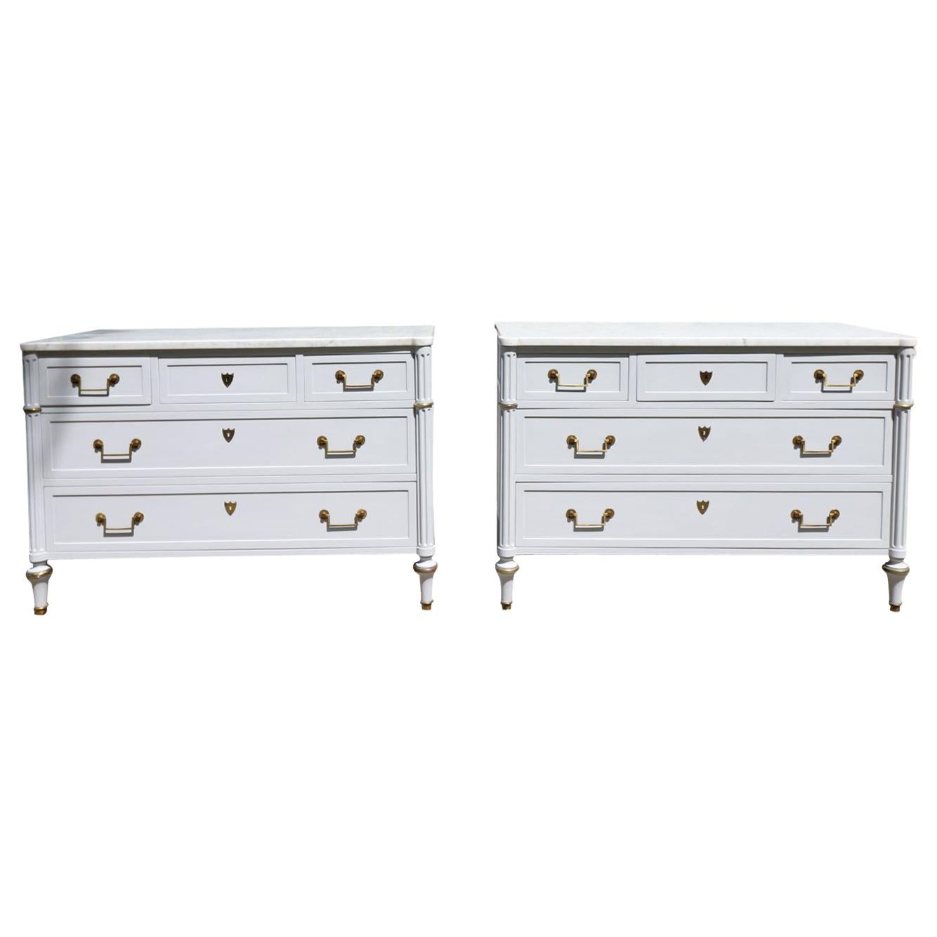 Pair of Stunning Painted Baker Commodes Chicago Gray Carrara White Marble Top