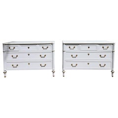 Pair of Stunning Painted Baker Commodes Chicago Gray Carrara White Marble Top