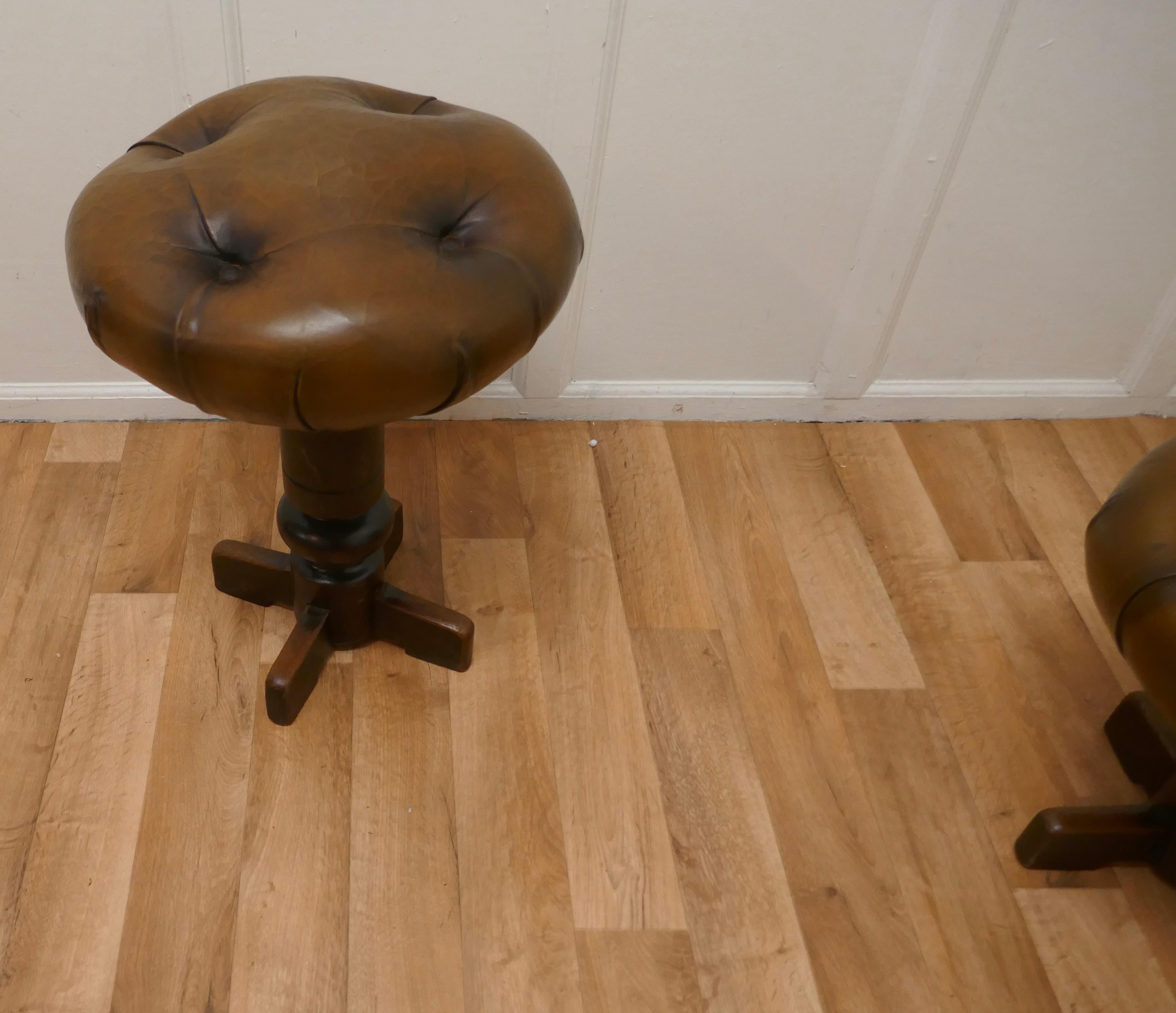 Pair of Sturdy French Button Leather Swivel Piano Stools For Sale 1