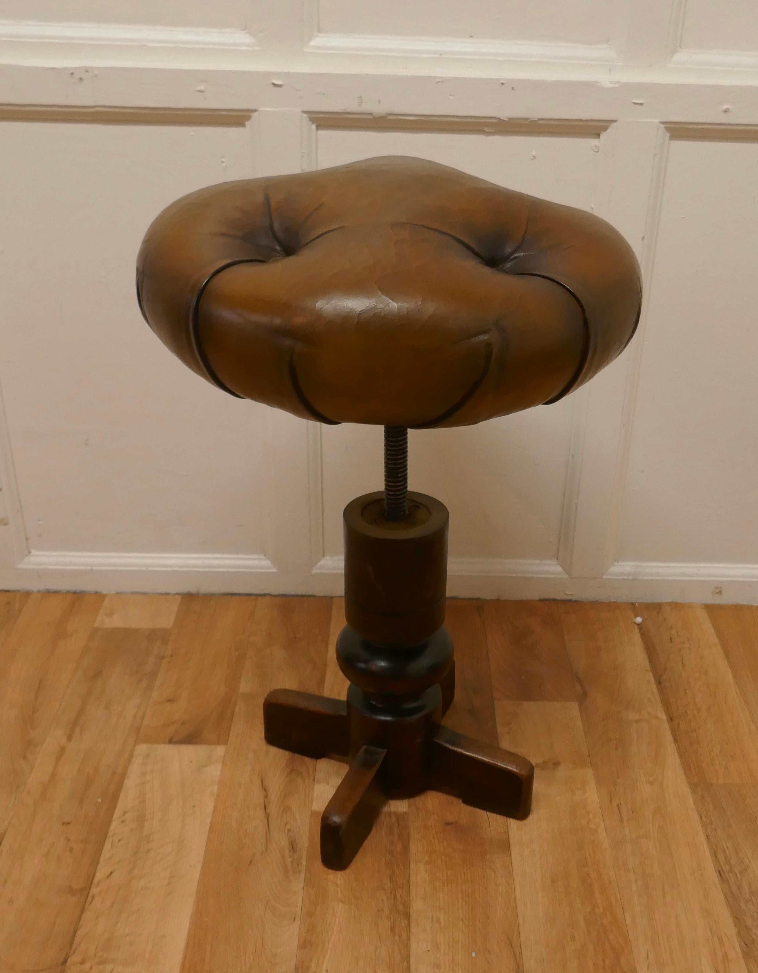 Pair of Sturdy French Button Leather Swivel Piano Stools For Sale 3