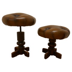 Antique Pair of Sturdy French Button Leather Swivel Piano Stools