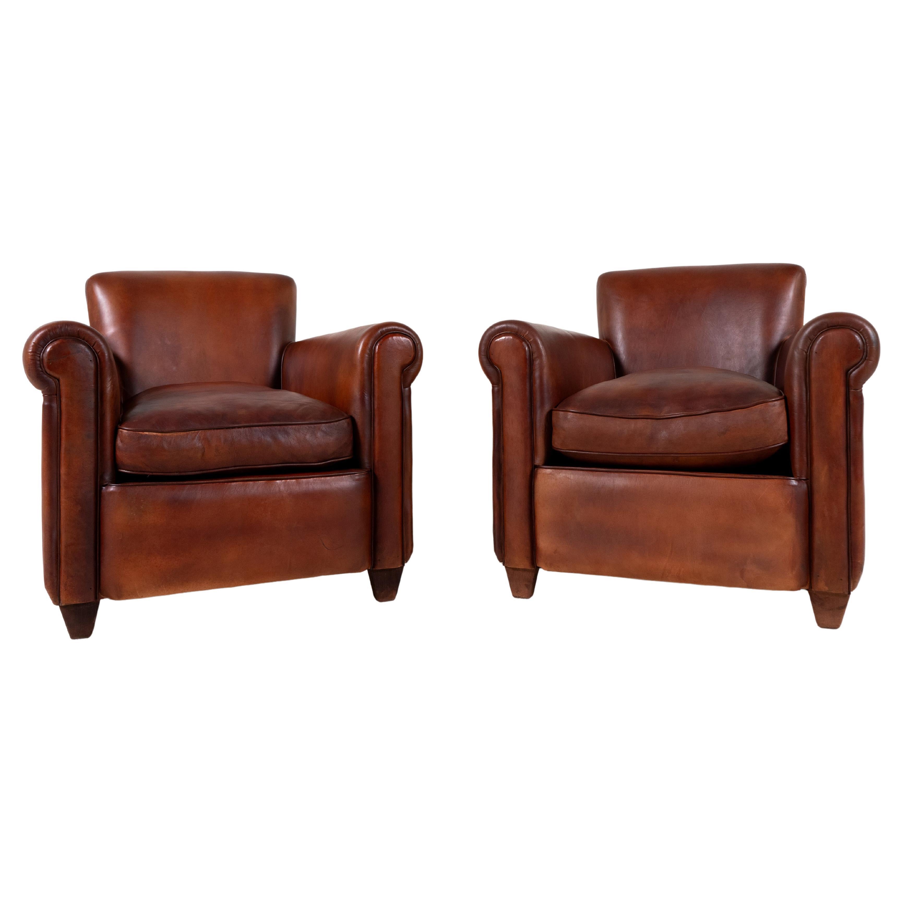 A Pair of "Submarine" French Leather Club Chairs  For Sale