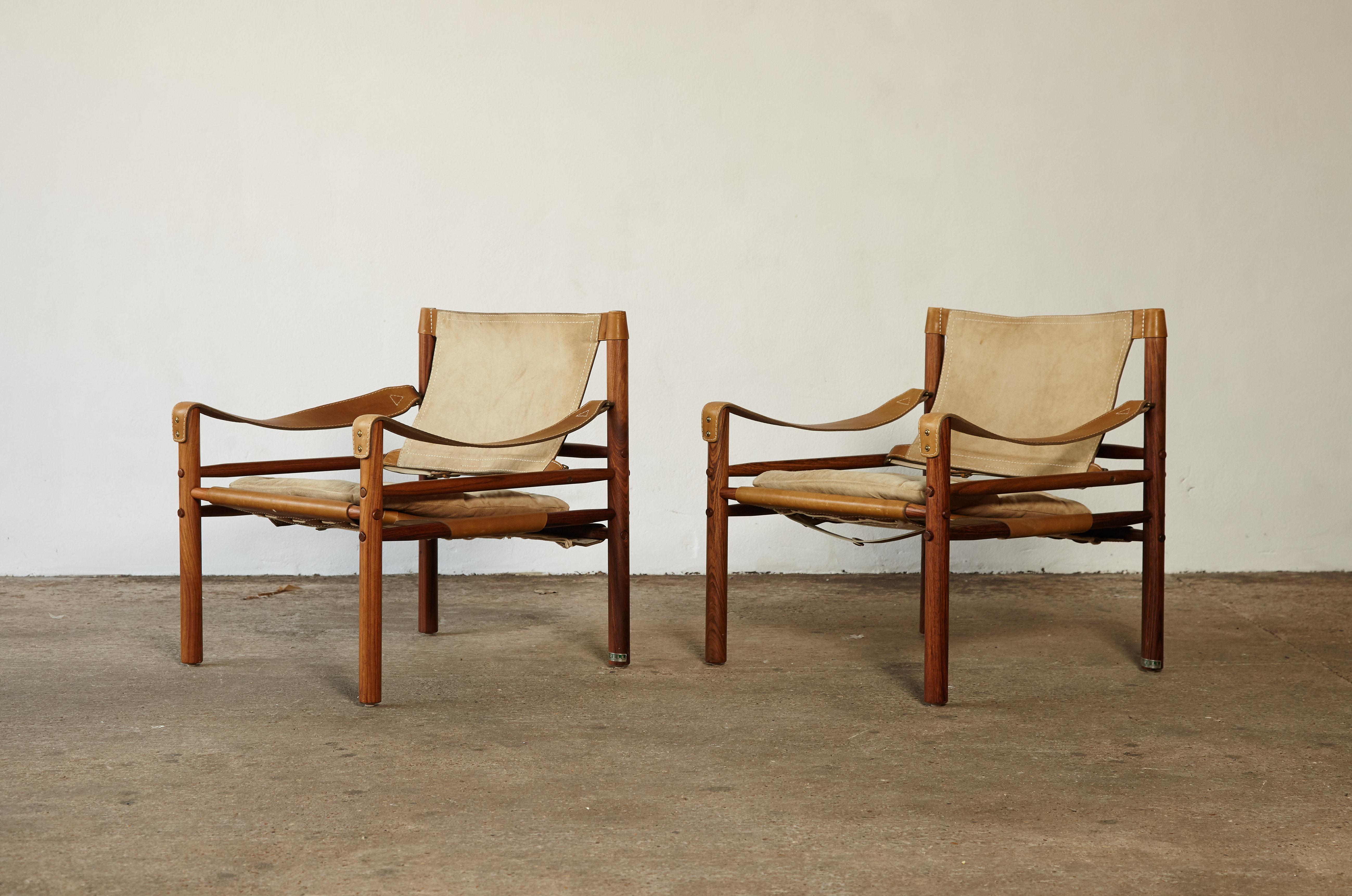 Swedish Pair of Suede and Rosewood Arne Norell Safari Chairs, Sweden, 1970s