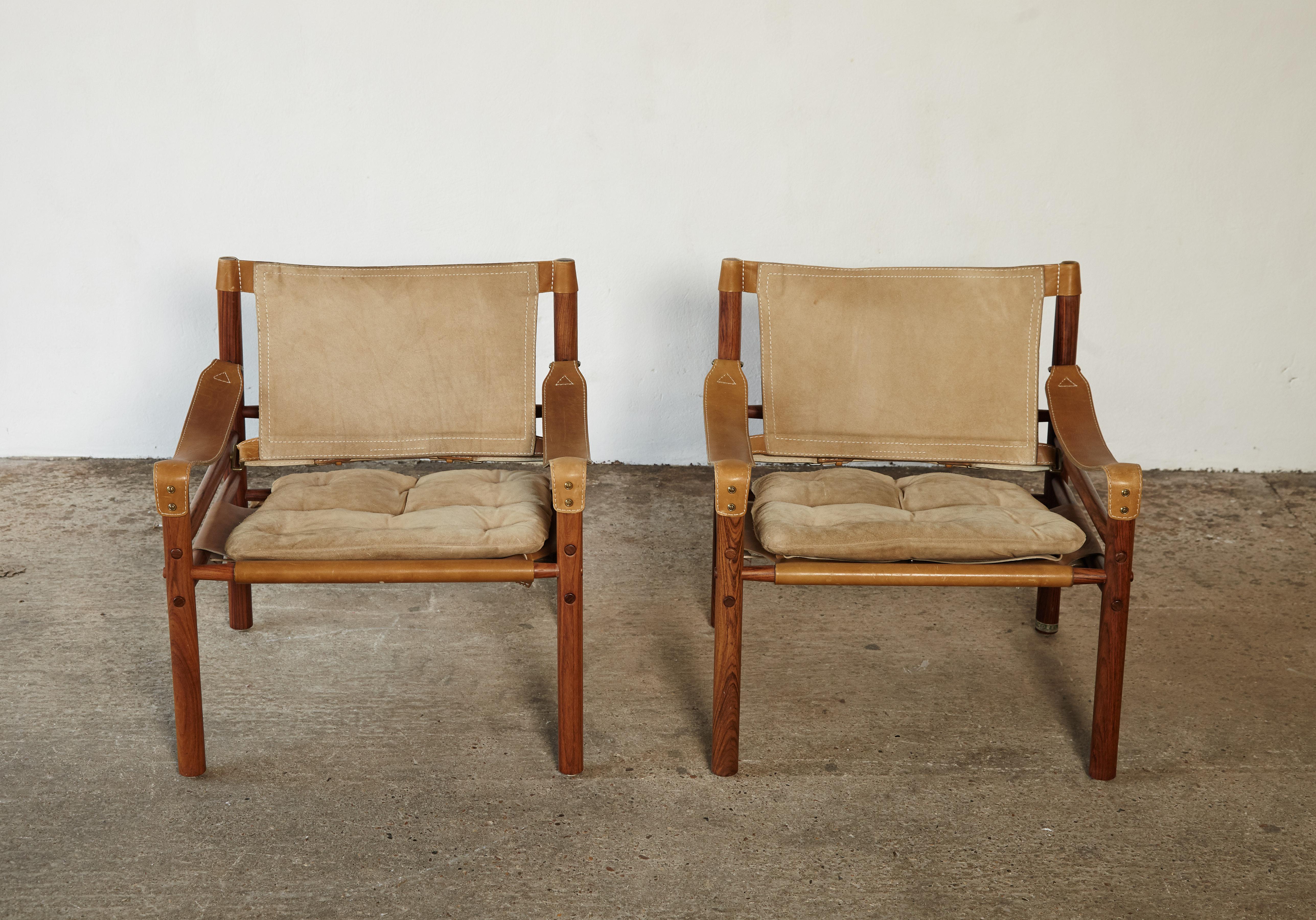 Pair of Suede and Rosewood Arne Norell Safari Chairs, Sweden, 1970s 1