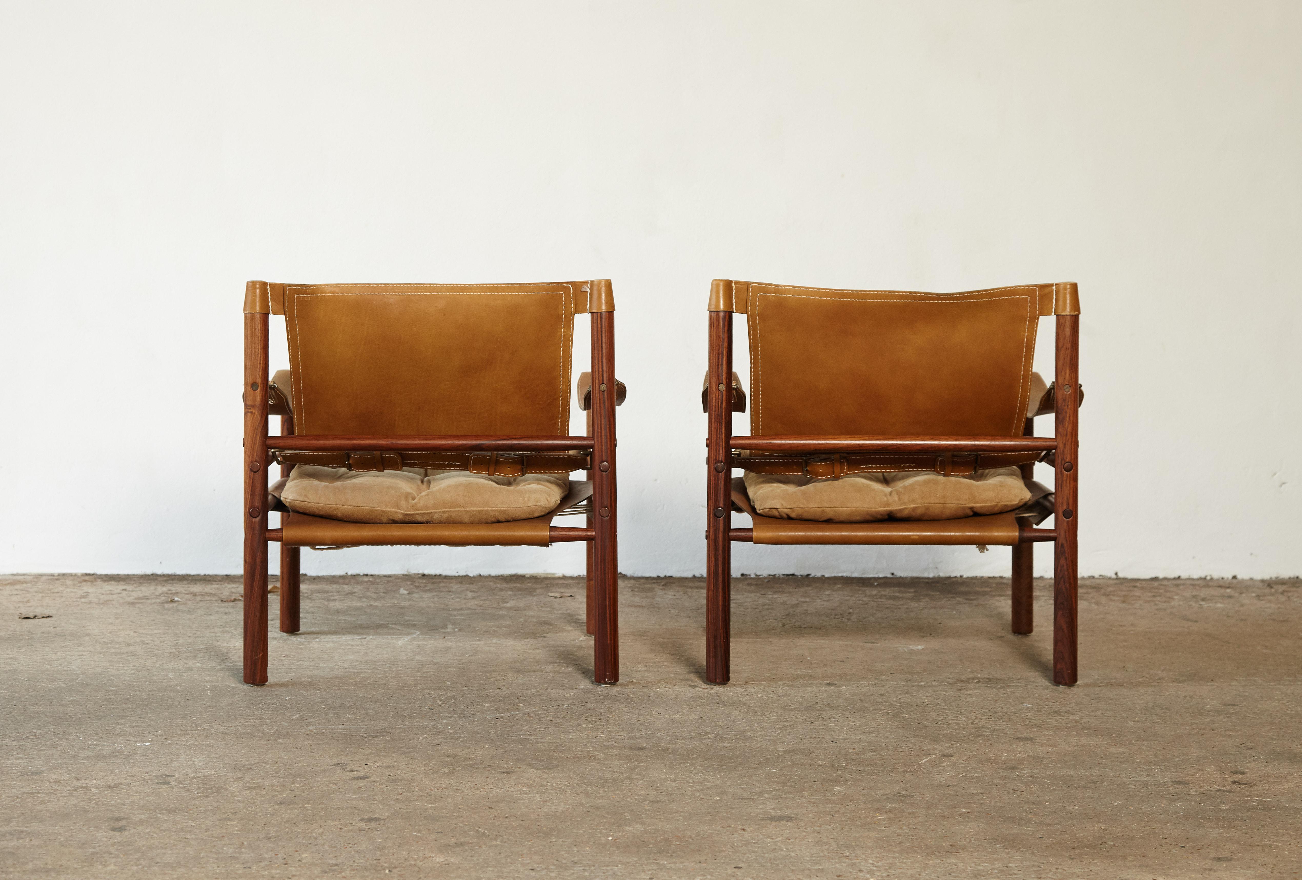 Pair of Suede and Rosewood Arne Norell Safari Chairs, Sweden, 1970s 3