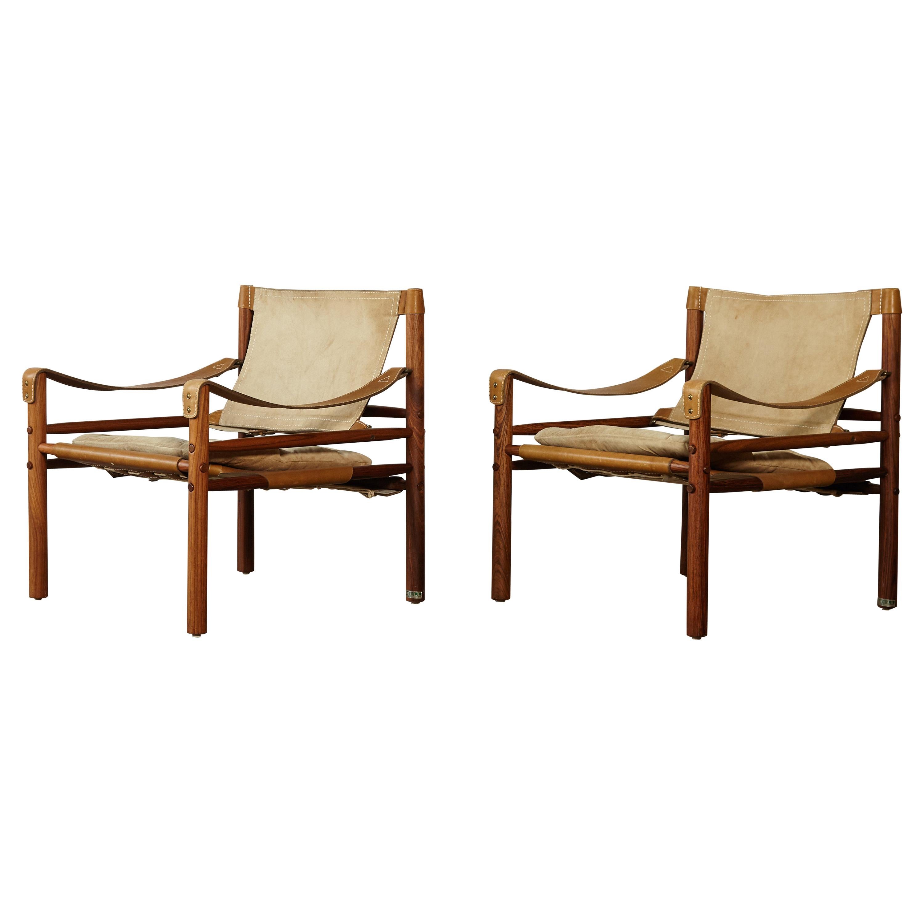 Pair of Suede and Rosewood Arne Norell Safari Chairs, Sweden, 1970s