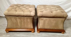 Pair of Sueded Leather Tufted Storage Ottomans, in the Manner of Ralph Lauren