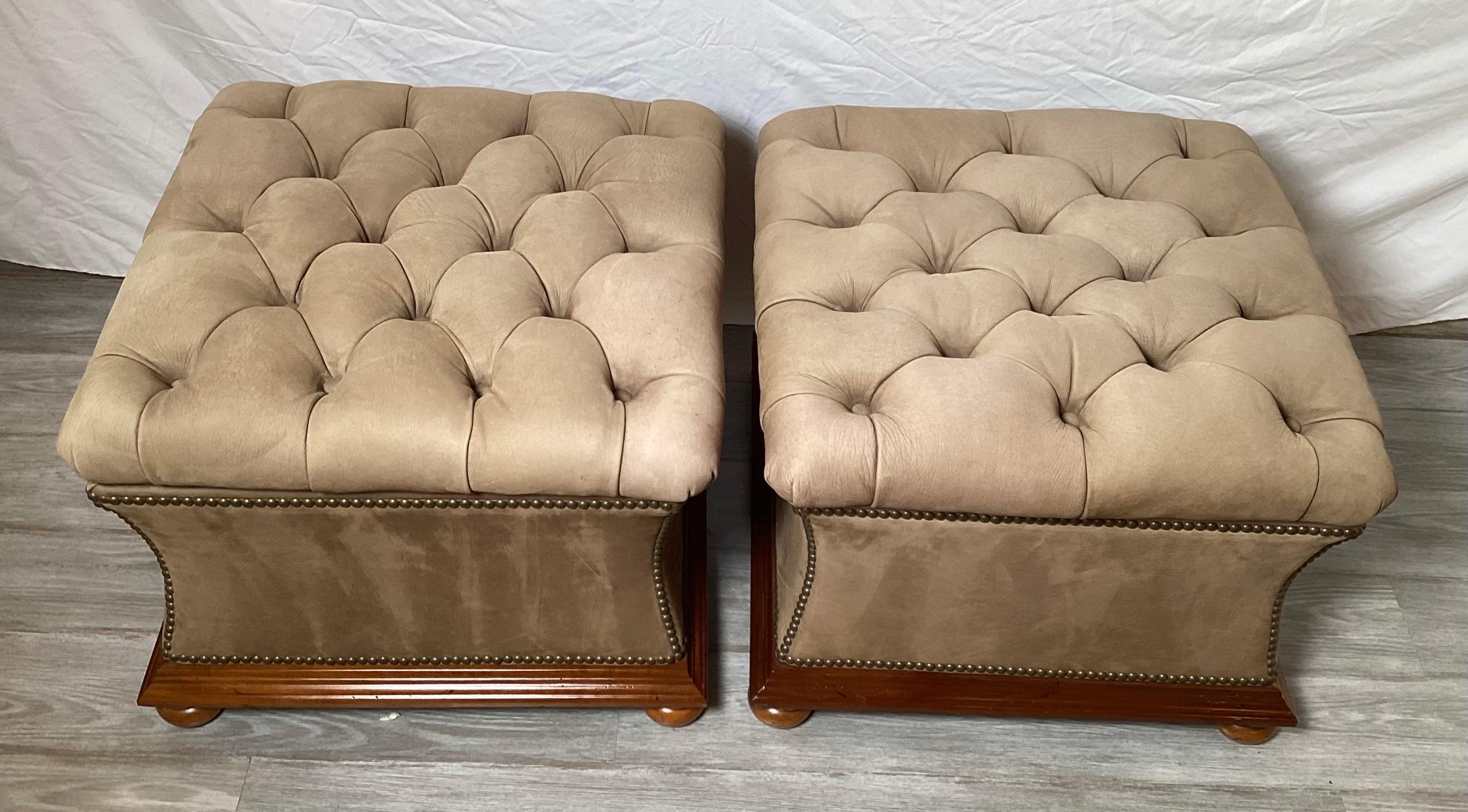 American Pair of Sueded Leather Tufted Storage Ottomans, in the Manner of Ralph Lauren For Sale