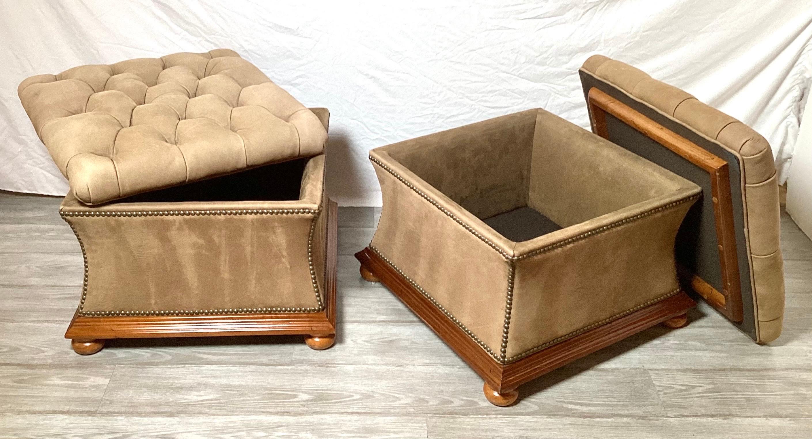 Fruitwood Pair of Sueded Leather Tufted Storage Ottomans, in the Manner of Ralph Lauren For Sale