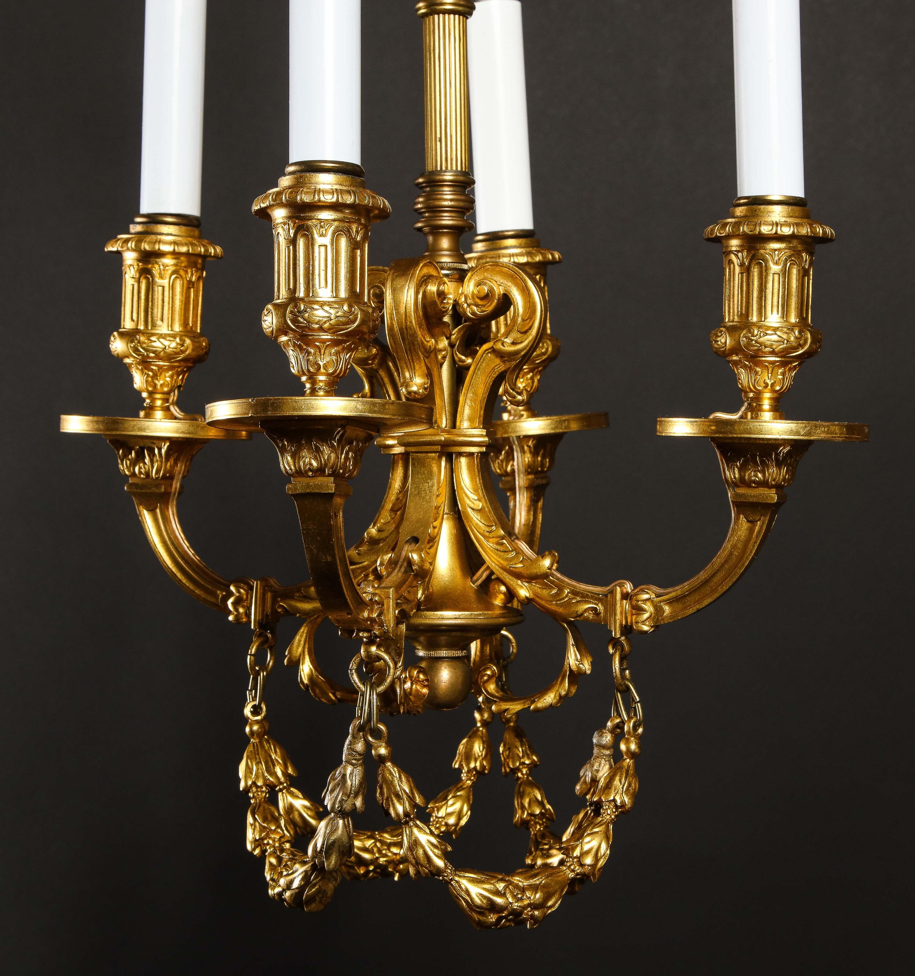 A Pair of Superb Antique Louis XVI Style Gilt Bronze Chandeliers For Sale 8