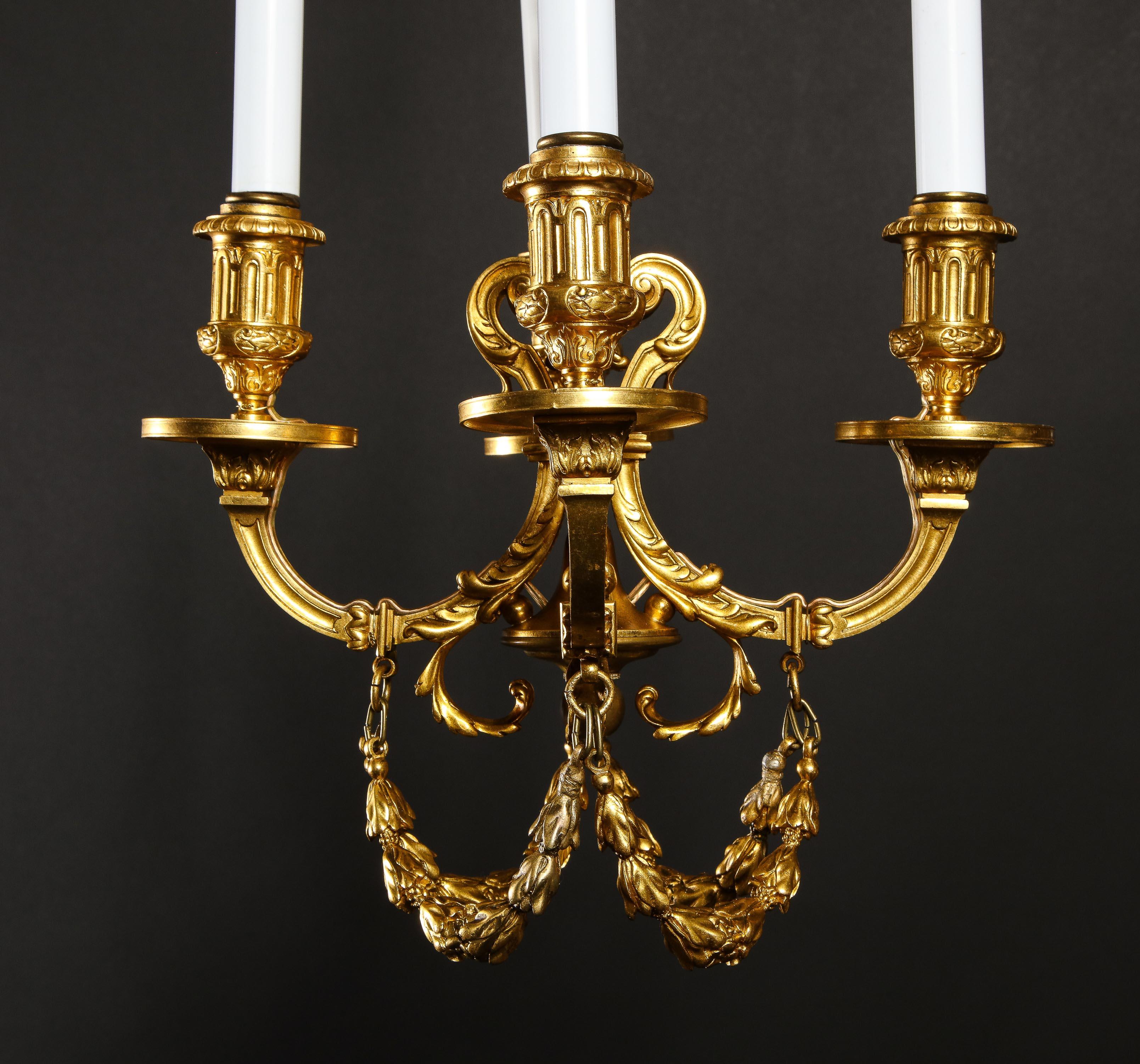 A Pair of Superb Antique Louis XVI Style Gilt Bronze Chandeliers For Sale 9