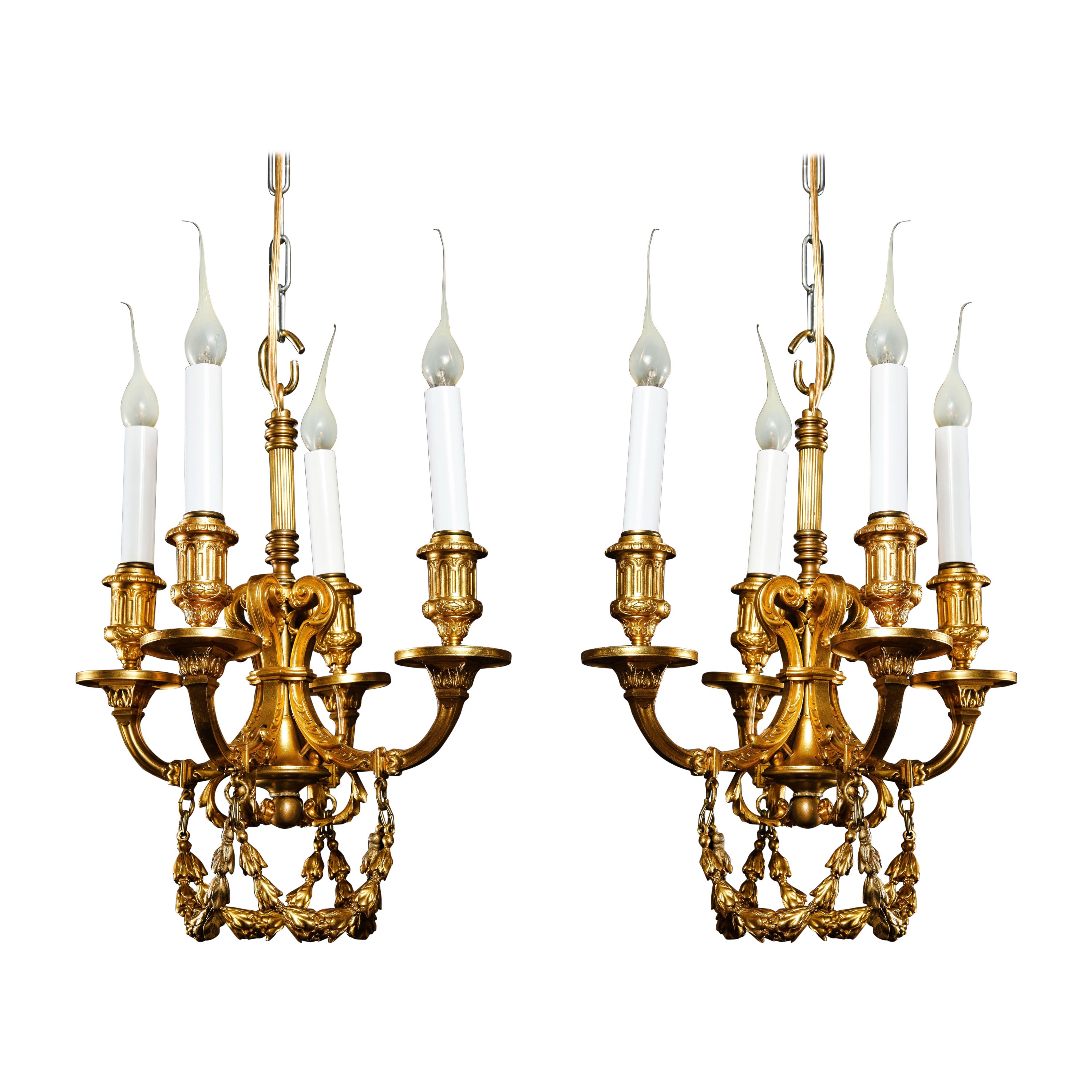 A Pair of Superb Antique Louis XVI Style Gilt Bronze Chandeliers For Sale