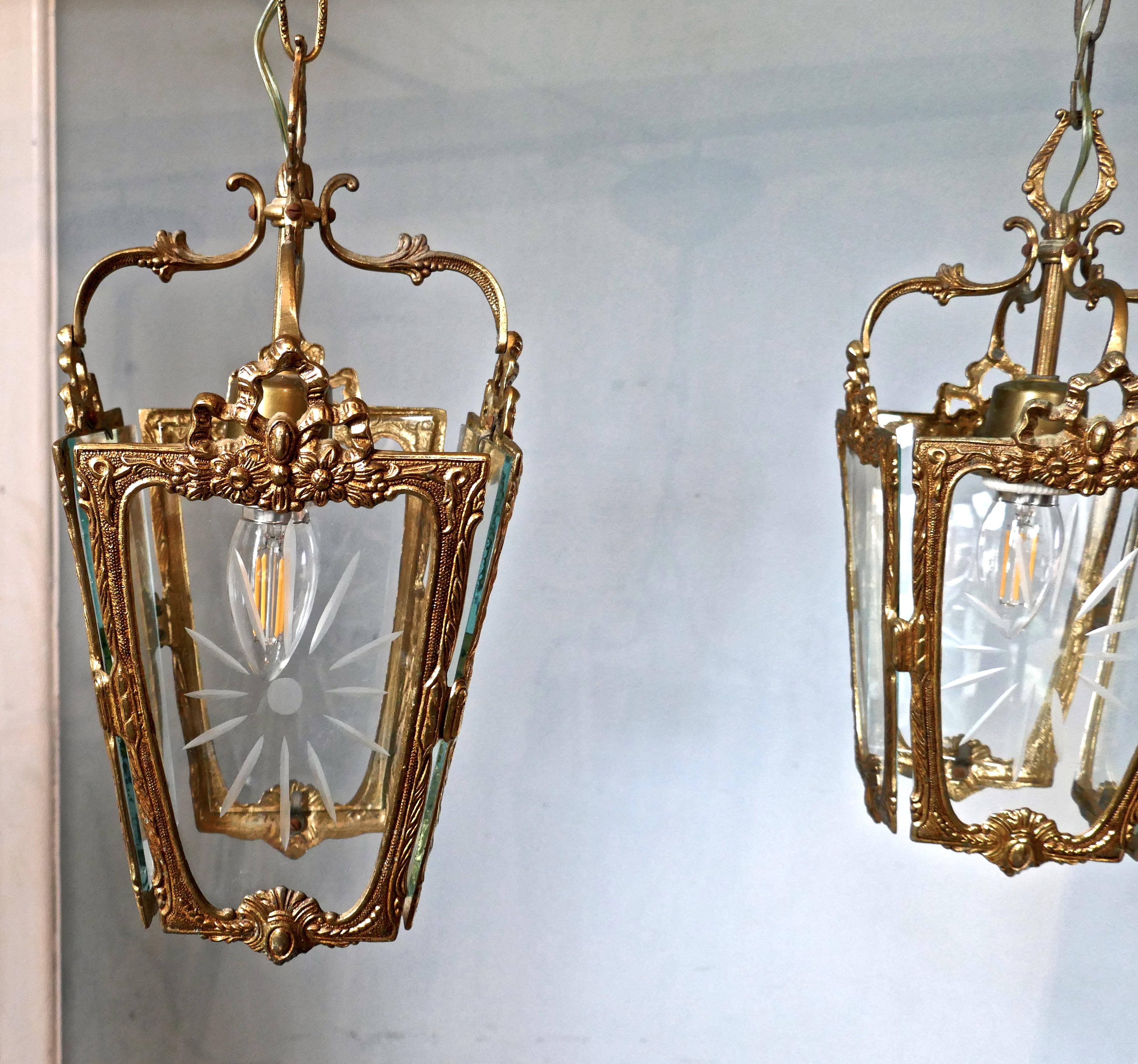 Rococo Pair of Superb Quality French Rocco Brass and Etched Glass Lantern Hall Light