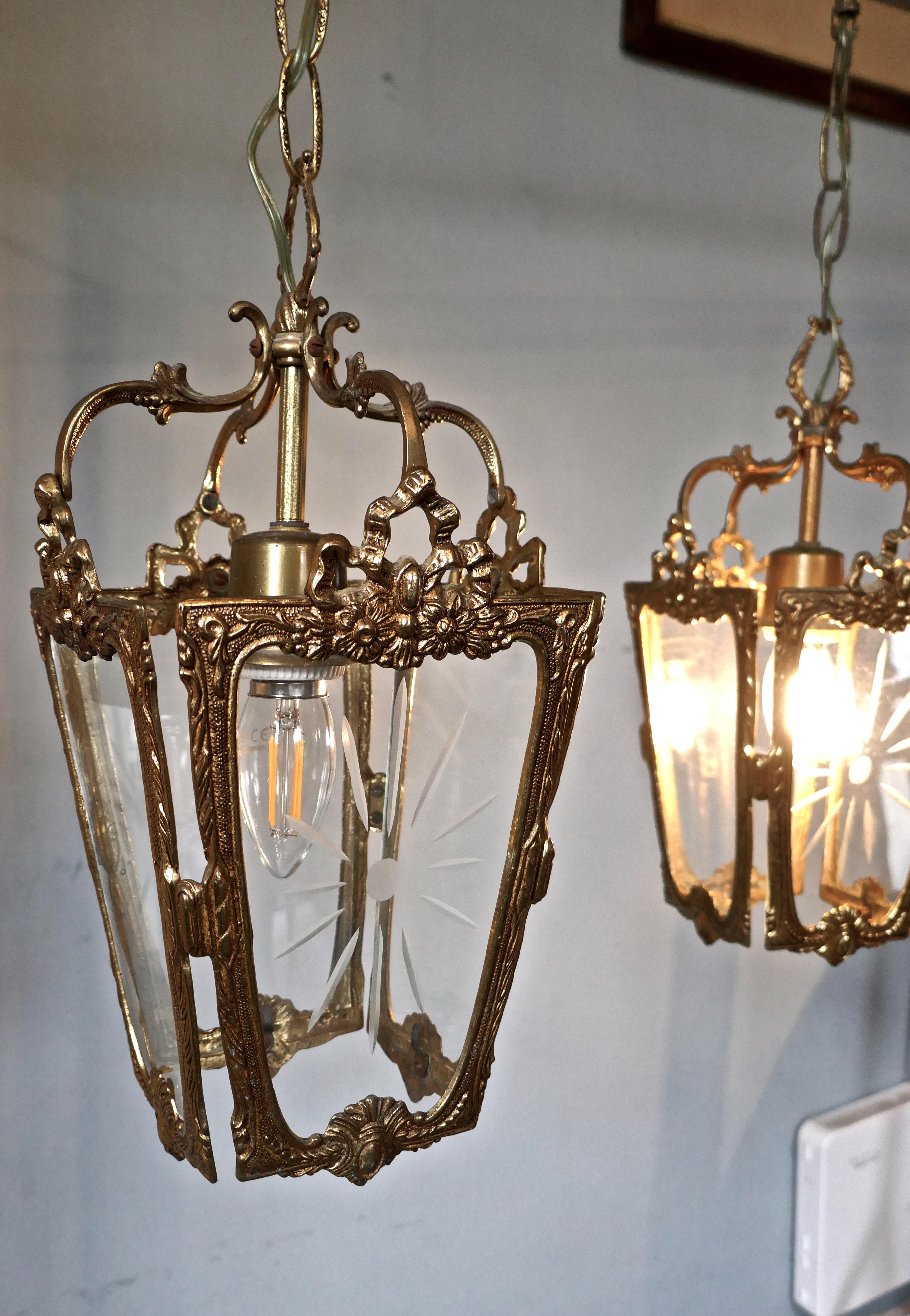 19th Century Pair of Superb Quality French Rocco Brass and Etched Glass Lantern Hall Light