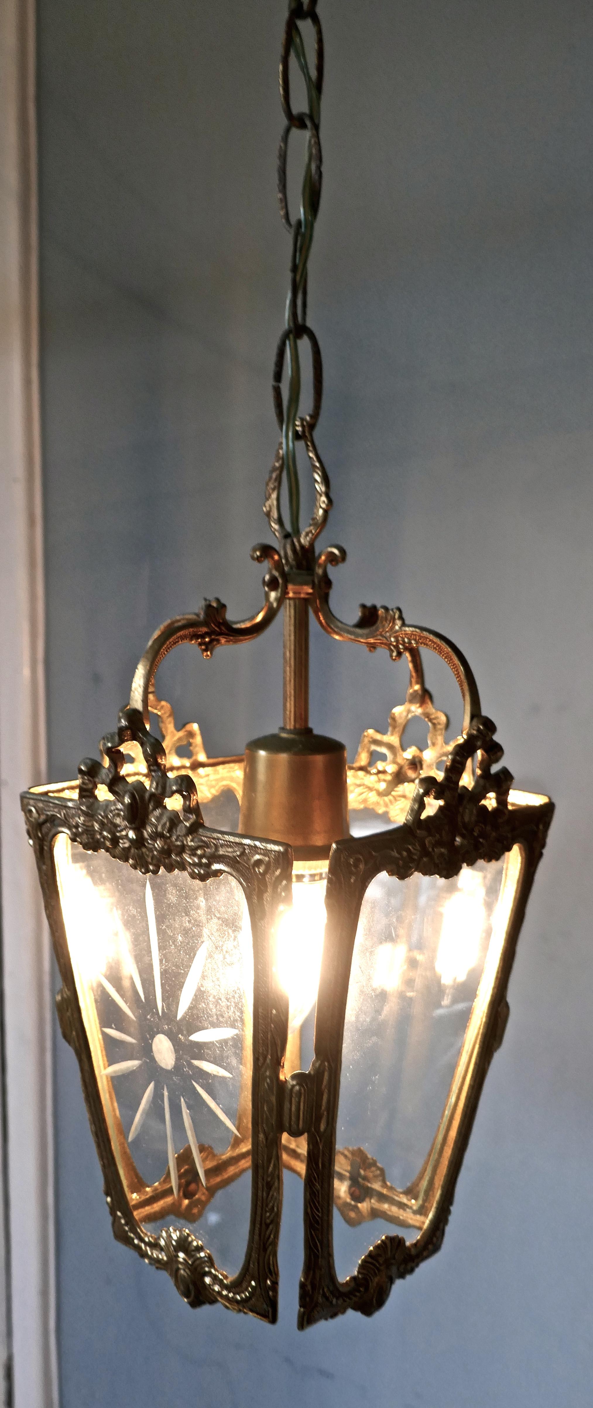Pair of Superb Quality French Rocco Brass and Etched Glass Lantern Hall Light 1