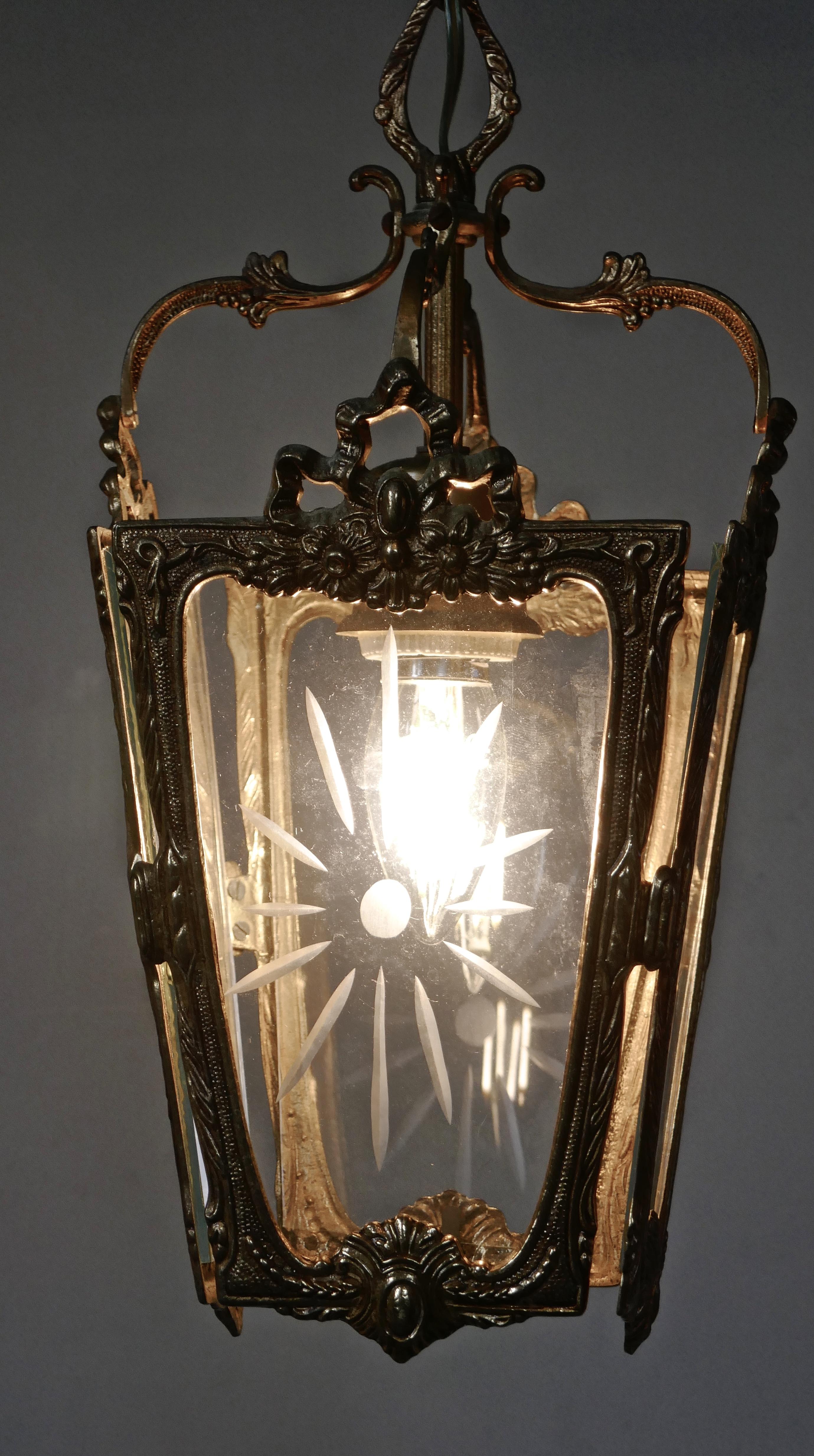 Pair of Superb Quality French Rocco Brass and Etched Glass Lantern Hall Light 3