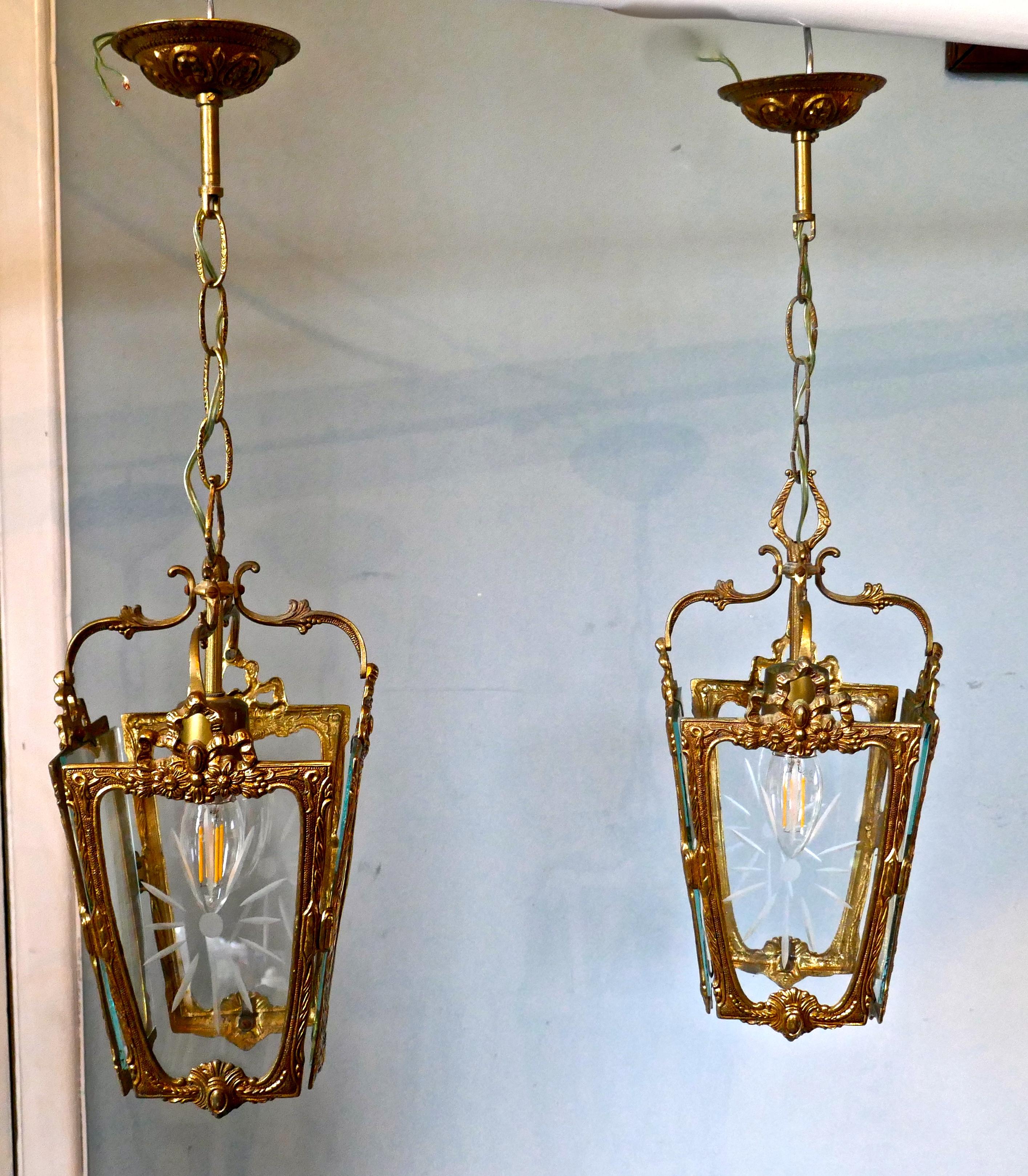 Pair of Superb Quality French Rocco Brass and Etched Glass Lantern Hall Light 4