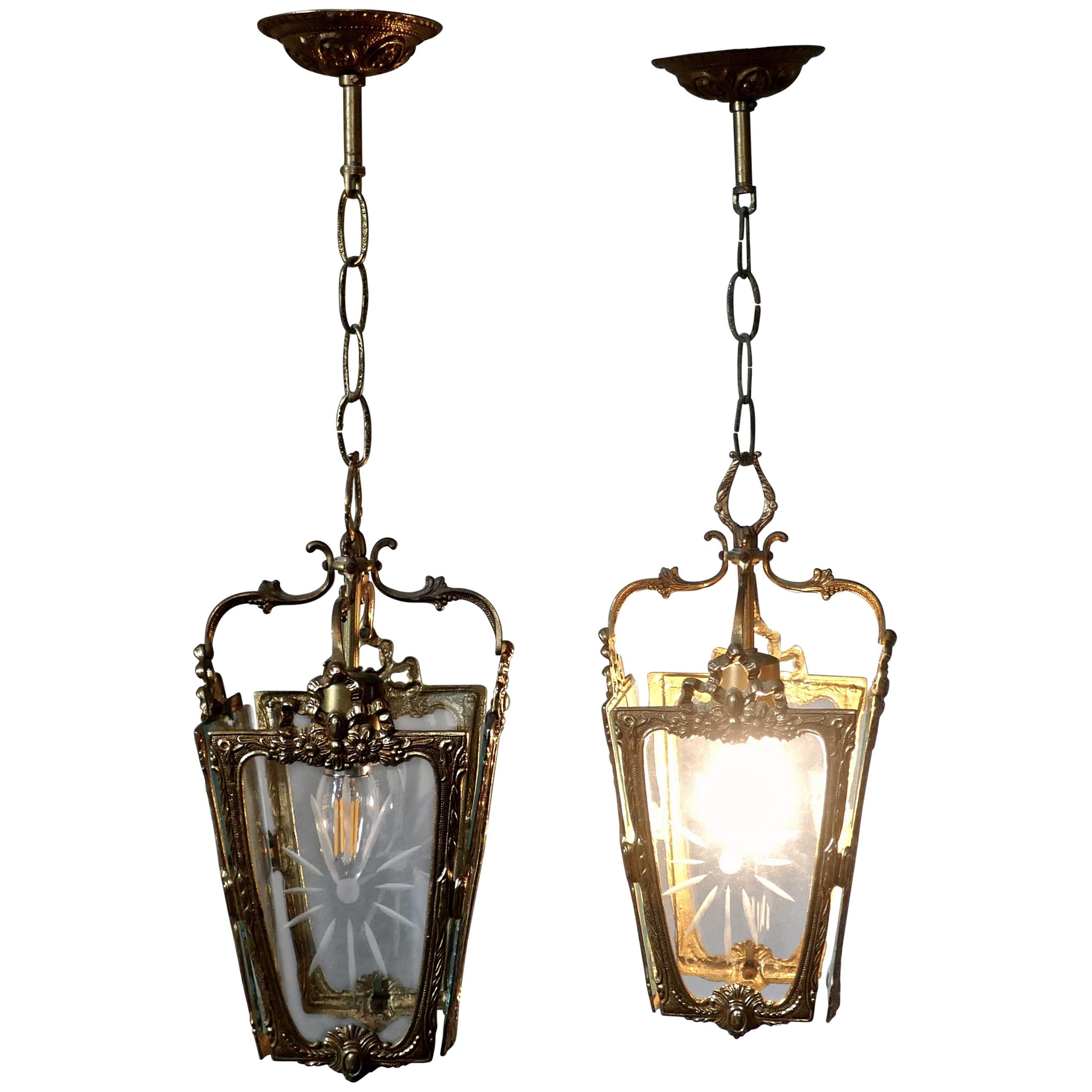 Pair of Superb Quality French Rocco Brass and Etched Glass Lantern Hall Light