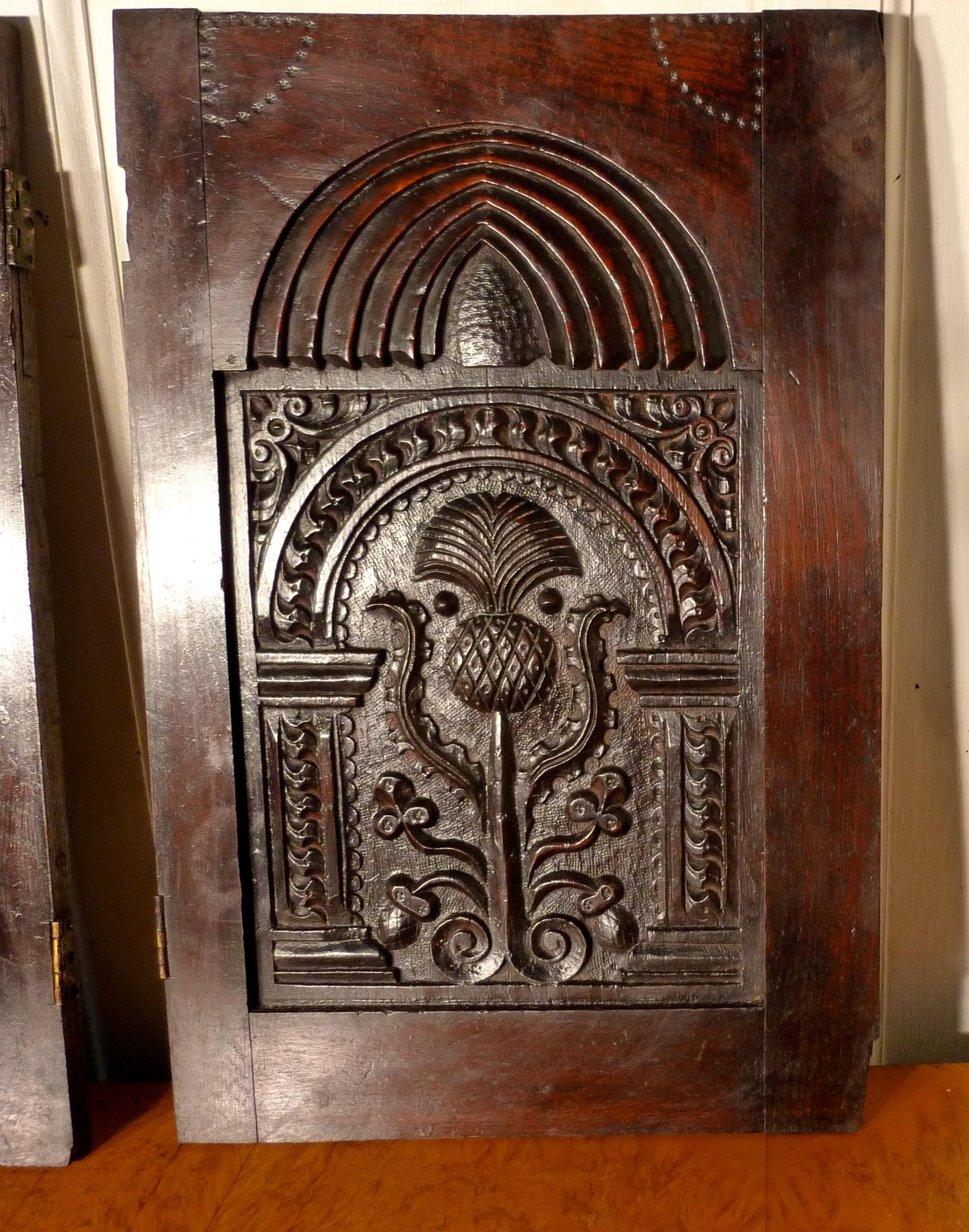A pair of superbly carved oak door panels

These carved panels are the doors from a 19th century oak cupboard, probably of French origin. 
The carved panels on the door represent the tree of life with mythical serpent like creatures growing from