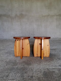 A pair of Swedish 1970s solid pine stools/side tables, Les Arcs like patina.