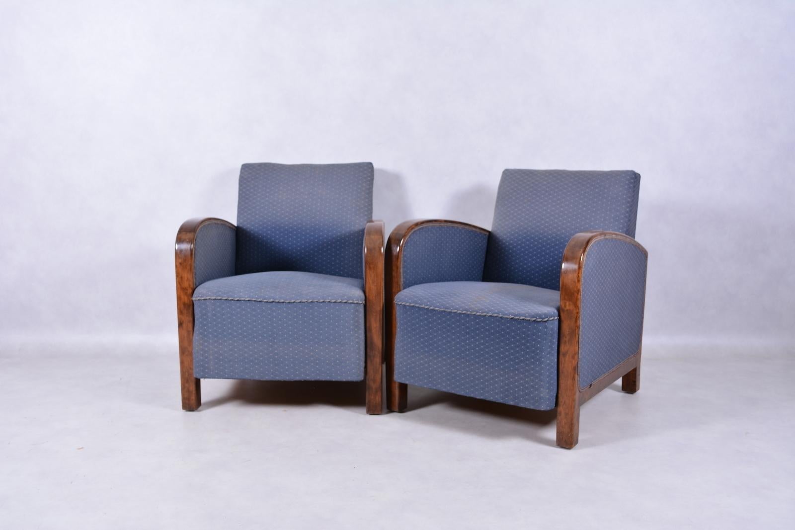 ONE YEAR ANNIVERSARY SALE! As a thank you for a great 1st year!   Very comfortable and beautiful period Art Deco armchairs. Wood in excellent vintage condition with deep patina but can be refinished upon request. Re-upholstery can be provided upon