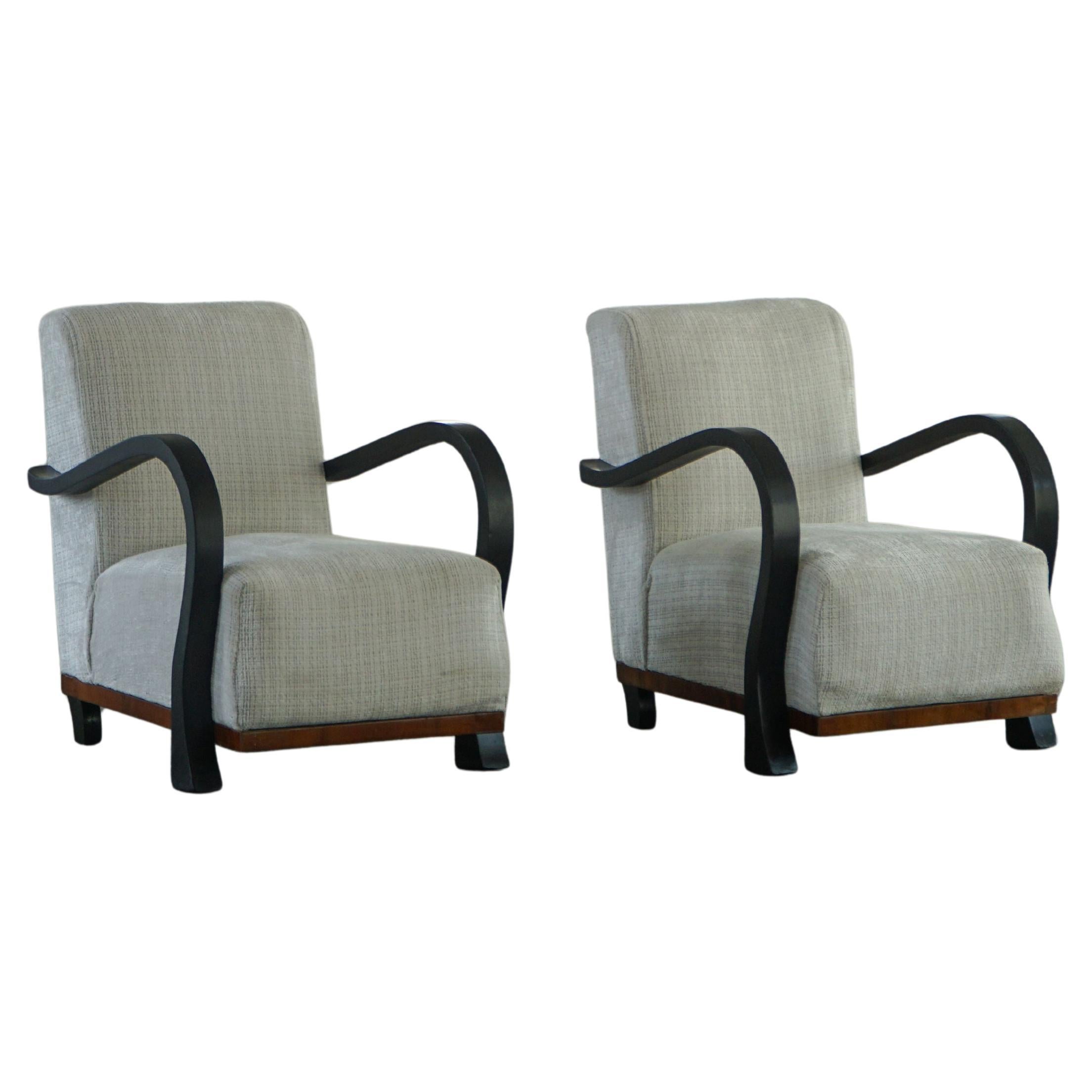 A Pair of Swedish Art Deco Lounge Chairs with Curved Armrests, 1930s For Sale