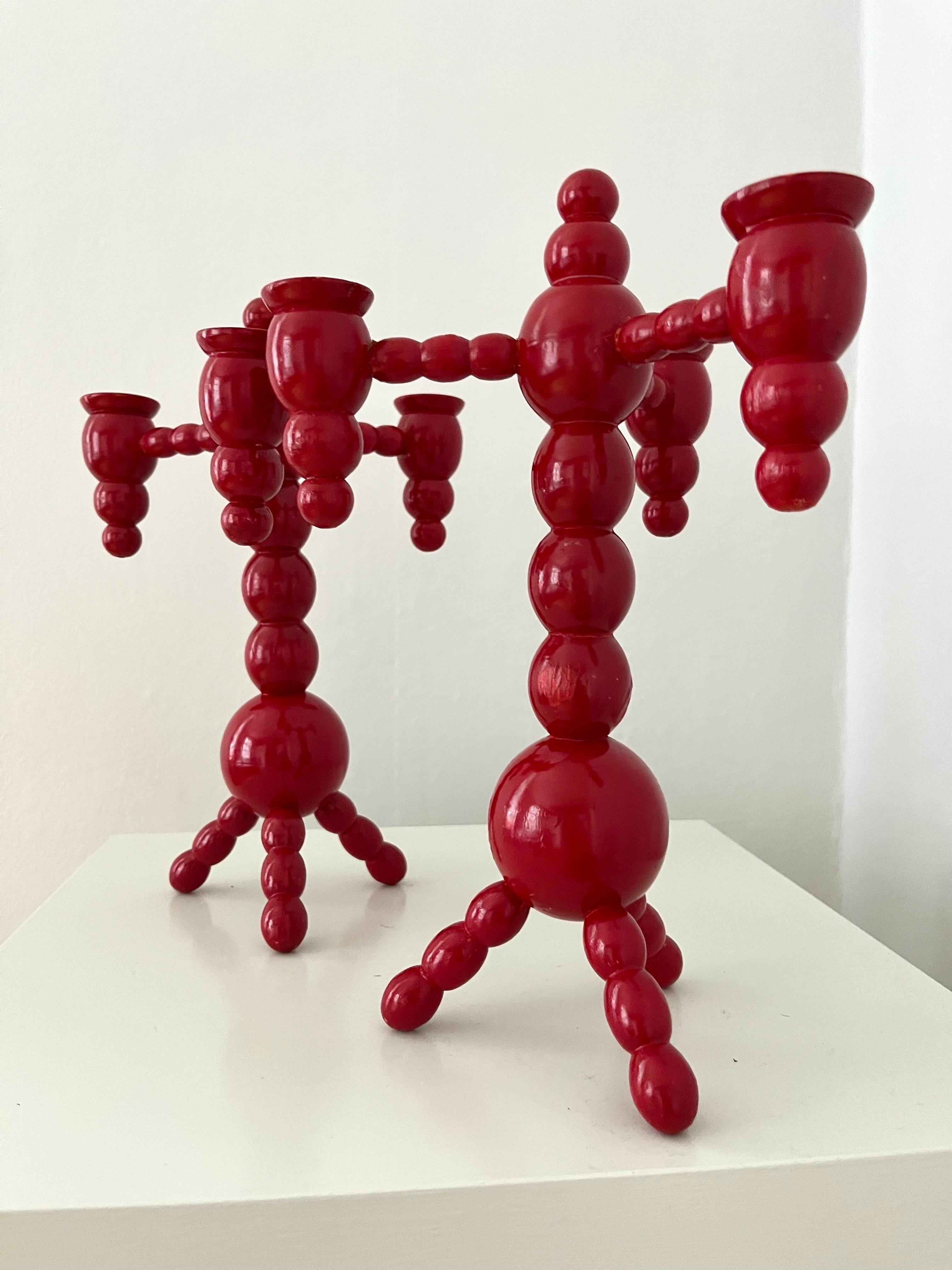 A pair of Swedish Christmas candelabras red painted wood bobbin 1970s  For Sale 4