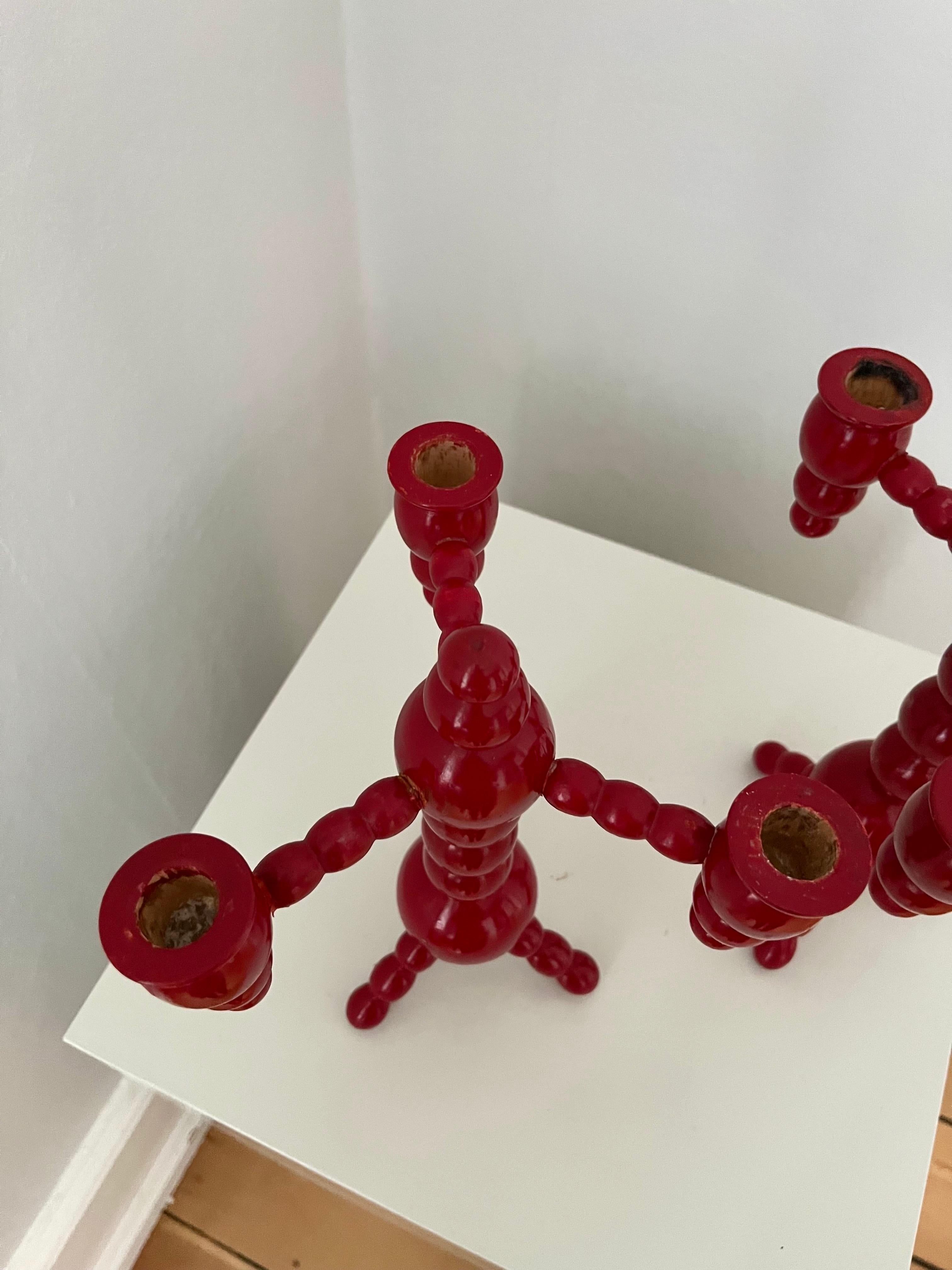 A pair of Swedish Christmas candelabras red painted wood bobbin 1970s  For Sale 5