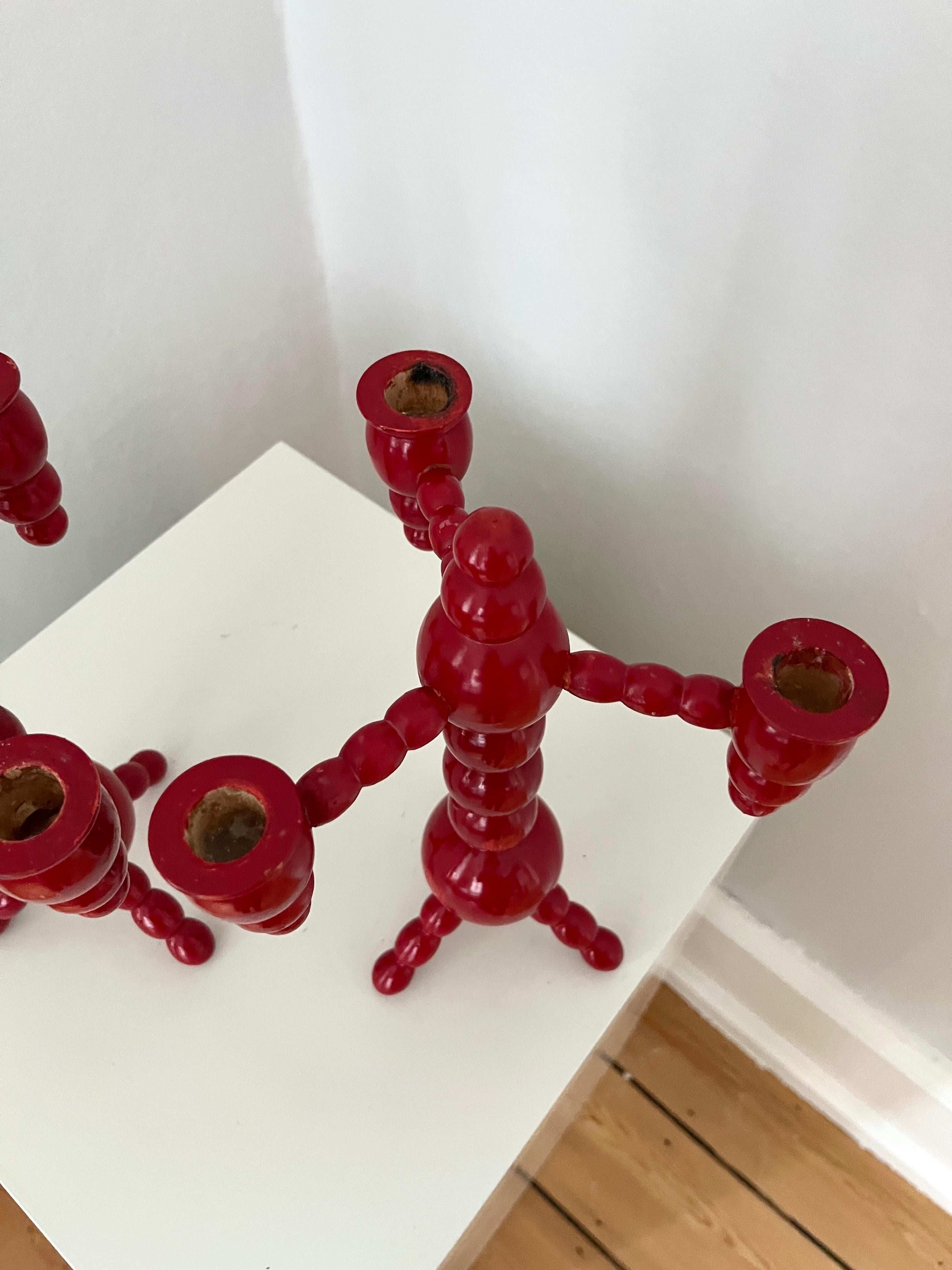 A pair of Swedish Christmas candelabras red painted wood bobbin 1970s  For Sale 6