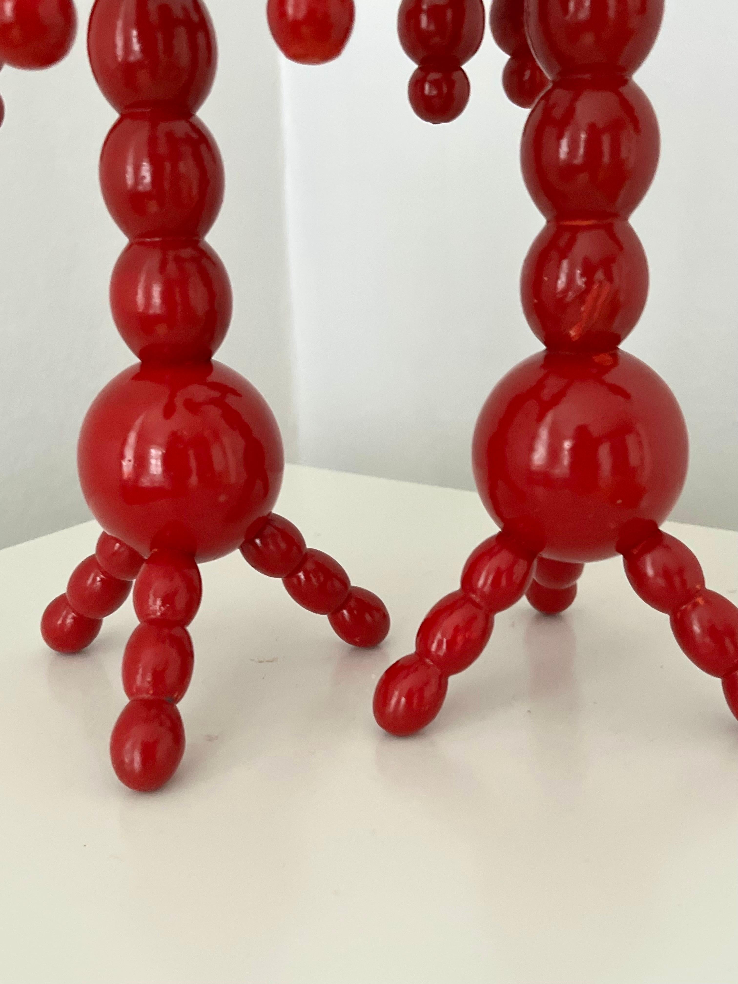 A pair of Swedish Christmas candelabras red painted wood bobbin 1970s  For Sale 11