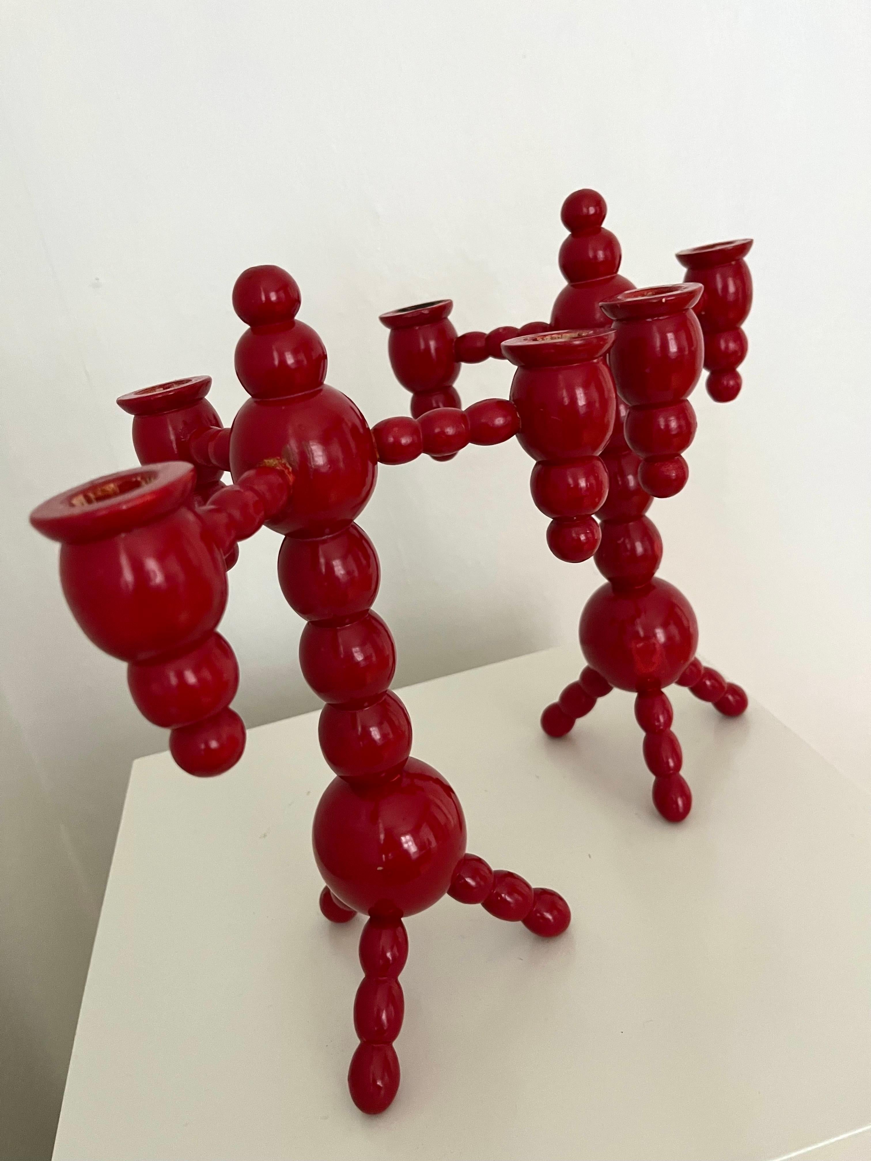 20th Century A pair of Swedish Christmas candelabras red painted wood bobbin 1970s  For Sale
