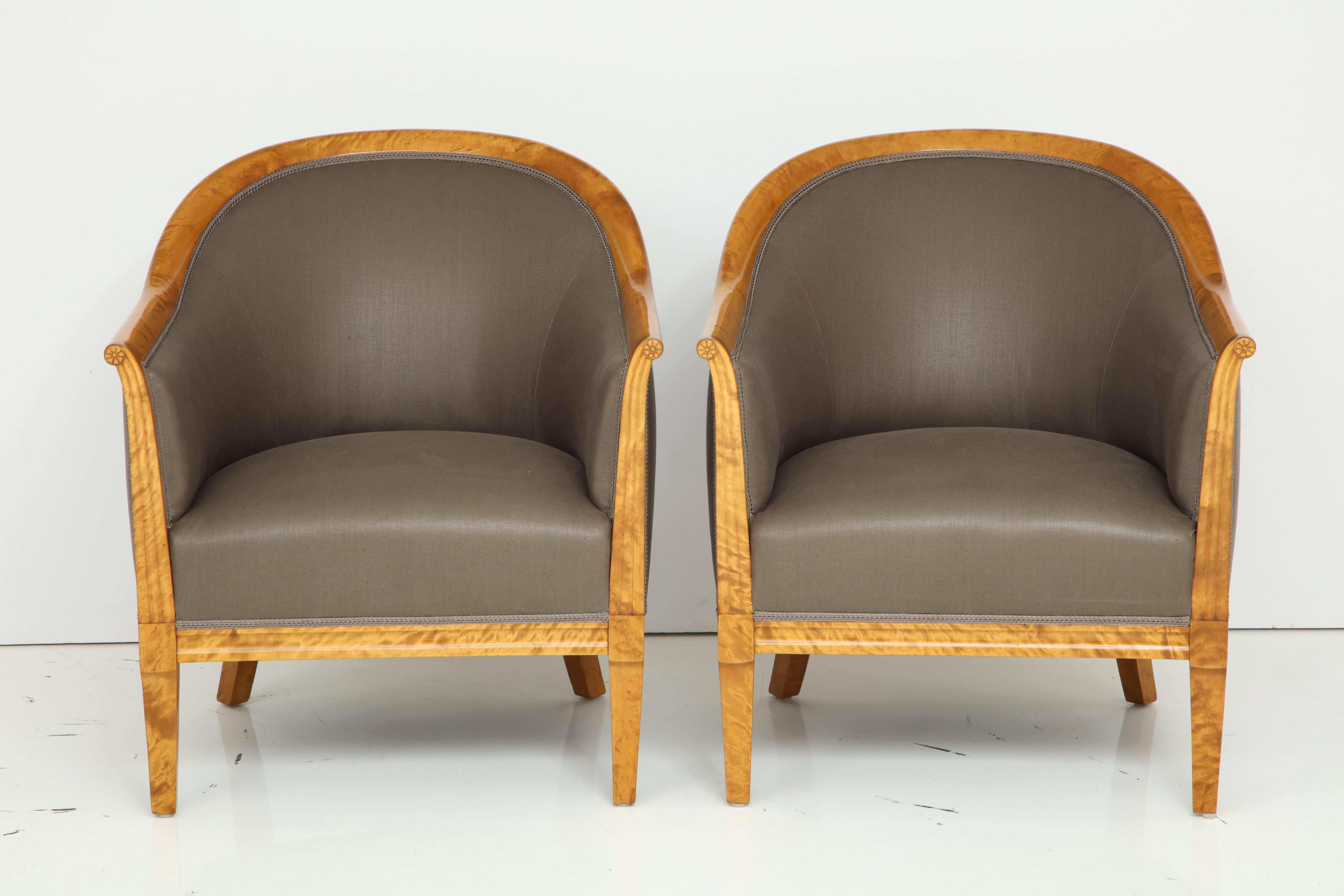 Pair of Swedish Full Size Birchwood and Upholstered Armchair, circa 1940 5