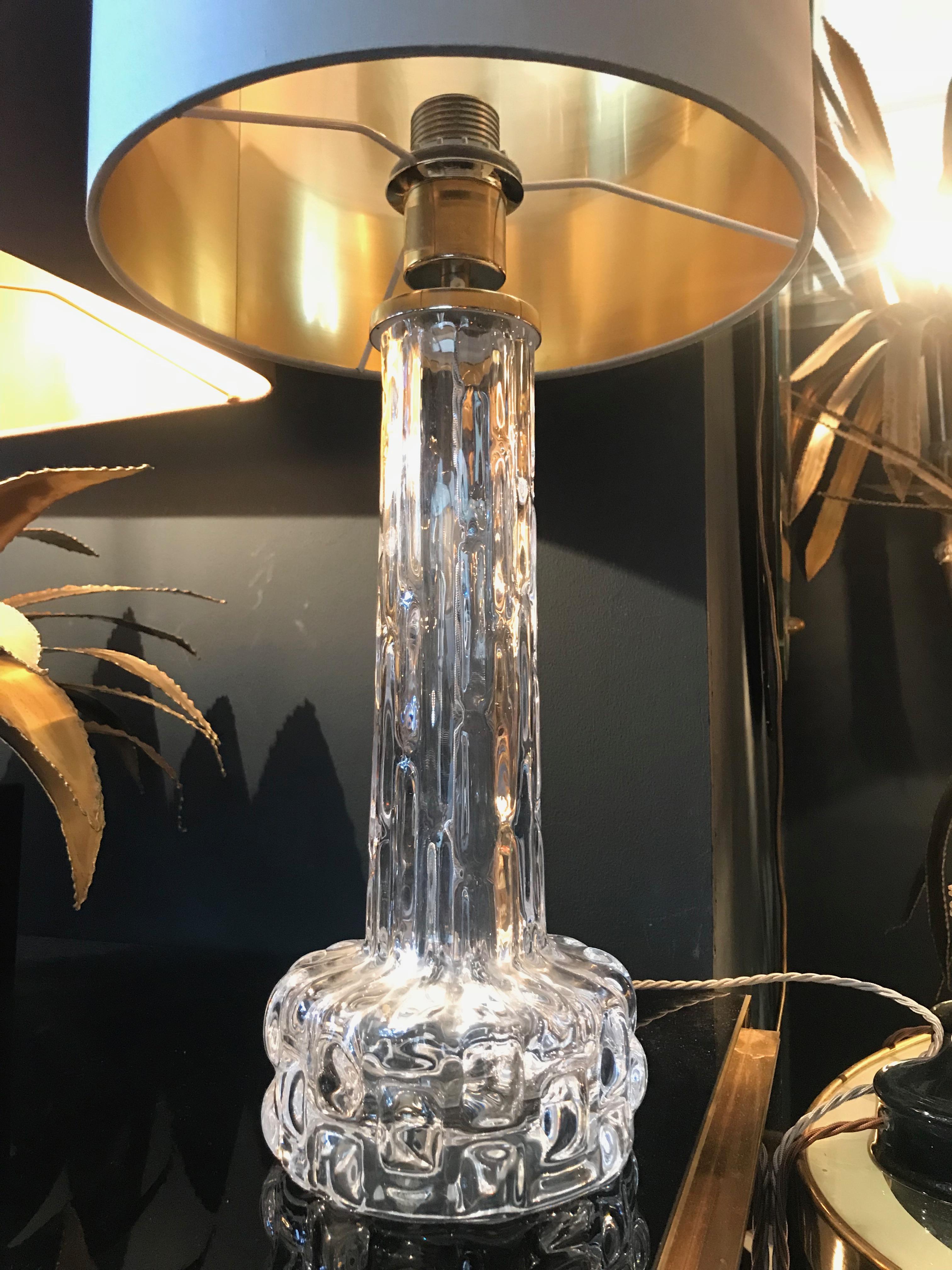 Art Glass Pair of Swedish Glass Lamps by Orrefors with Nickel Fittings
